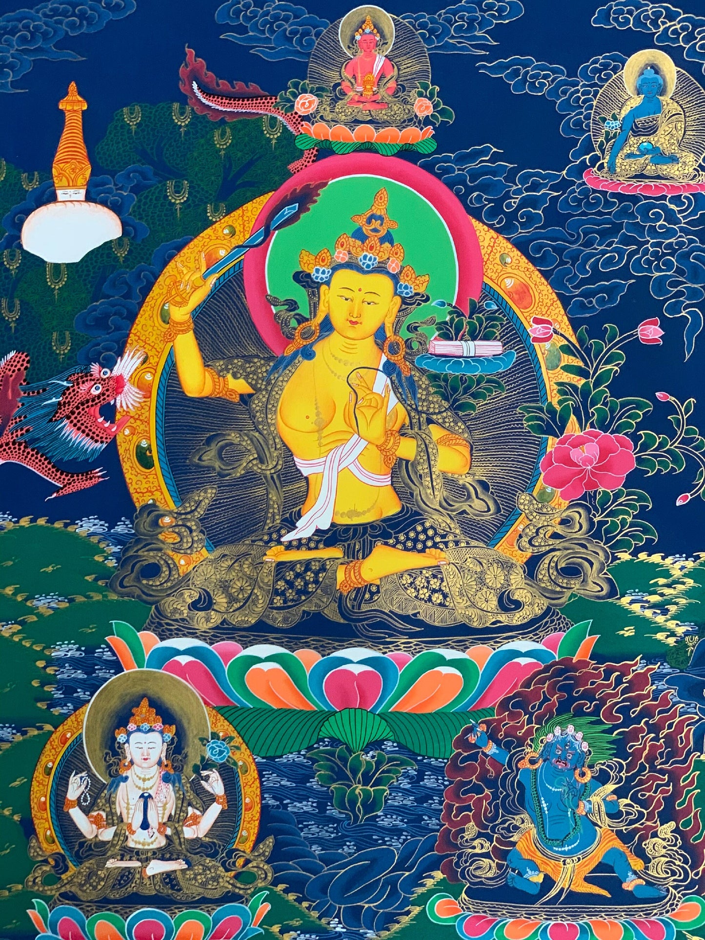 Hand-Painted Manjushri Thangka | Tibetan Buddhist Art, Silk Brocade