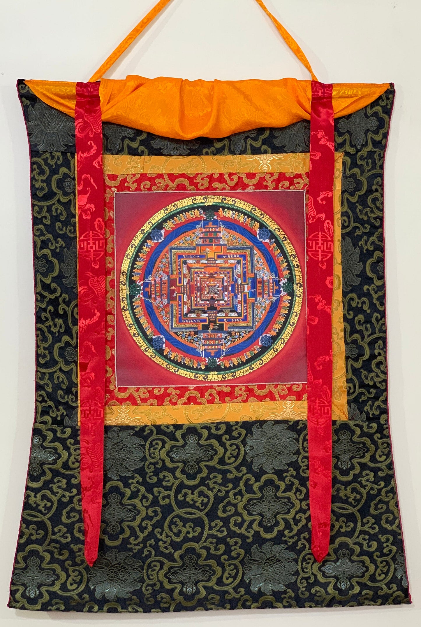 Hand-painted Original Kalachakra Mandala Tibetan Thangka, Painting, Art  with Silk Brocade