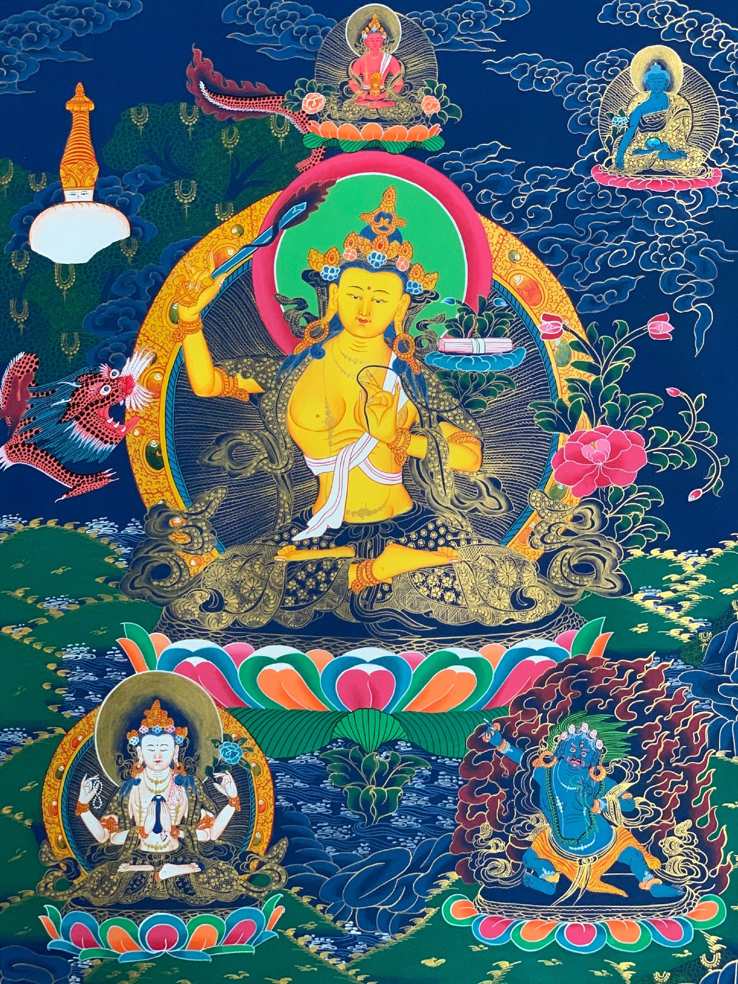 Hand-Painted Manjushri Thangka | Tibetan Buddhist Art, Silk Brocade