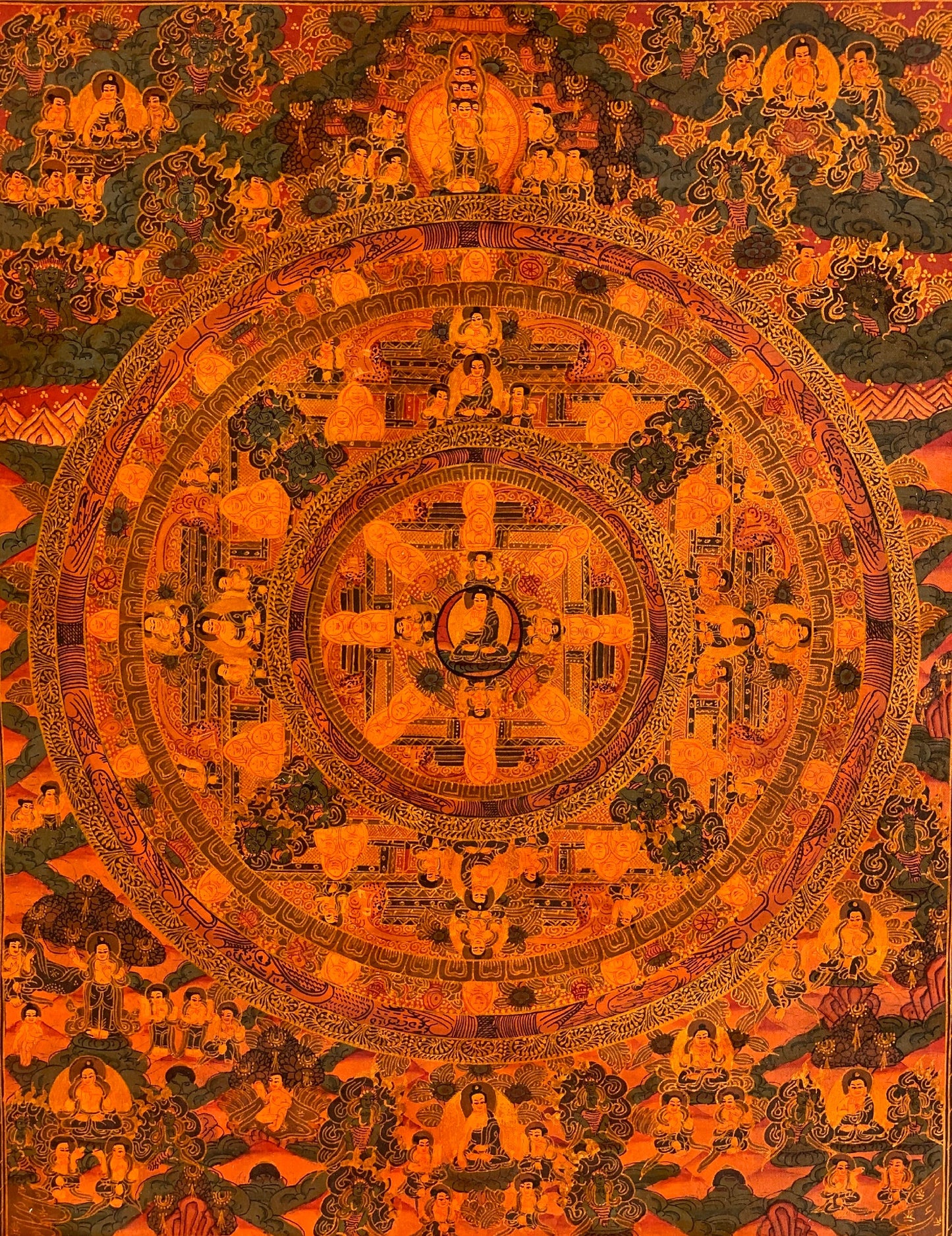 Buddha Life Mandala Thangka | Oil Varnished Big Circle Tibetan Painting | Samsara Wheel Sacred Art