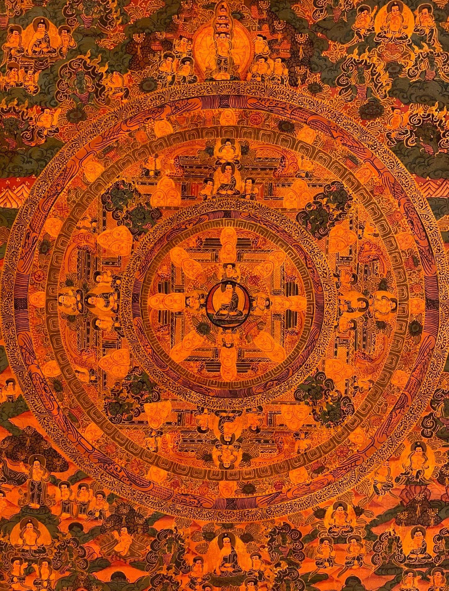 Buddha Life Mandala Thangka | Oil Varnished Big Circle Tibetan Painting | Samsara Wheel Sacred Art