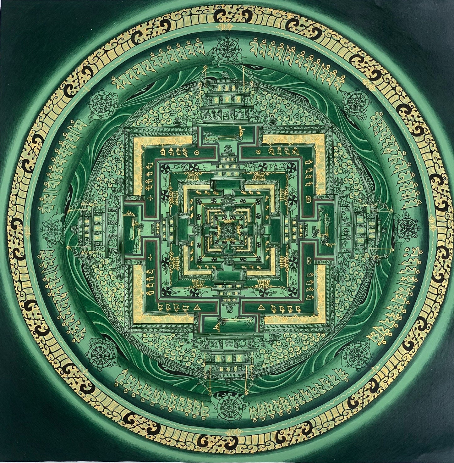 Hand-Painted Kalachakra Mandala Thangka | Tibetan Wheel of Time Art | Green Background Painting