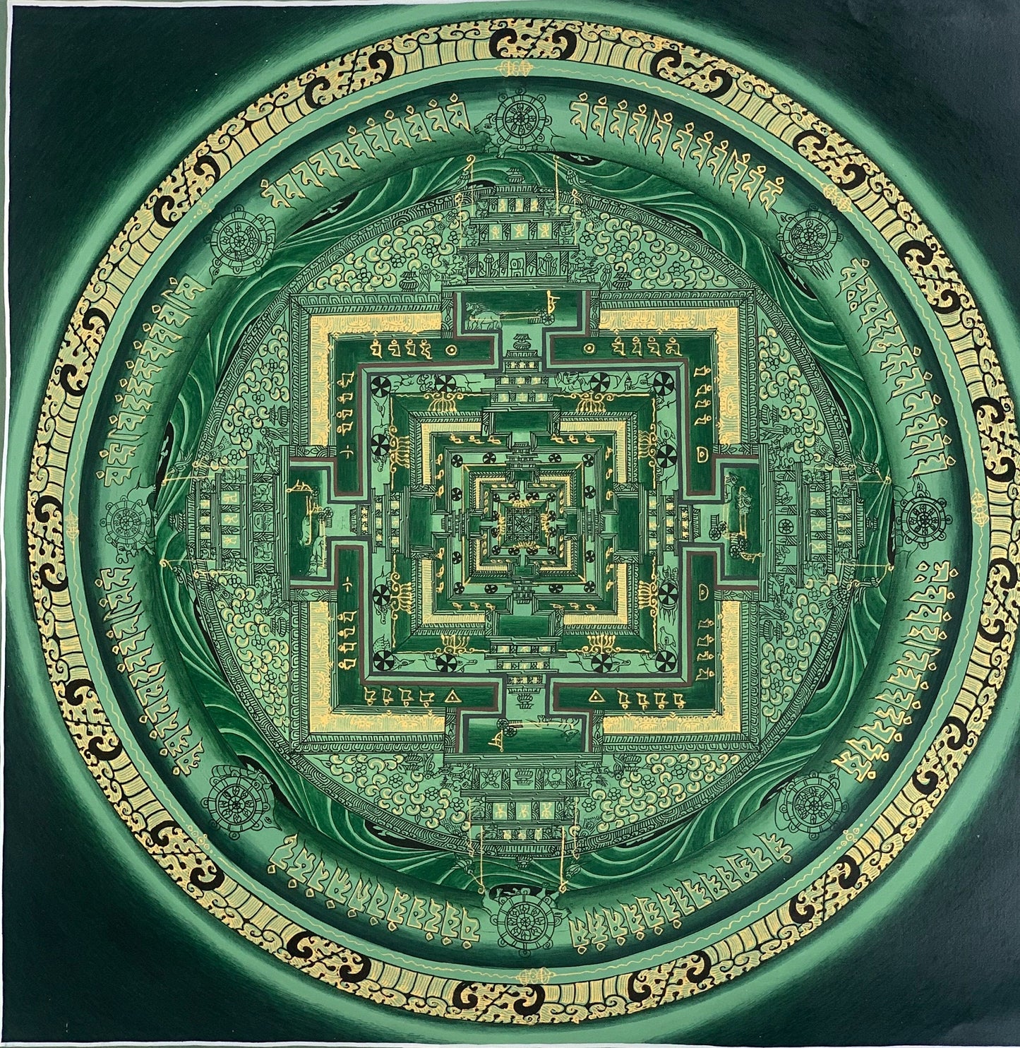 Hand-Painted Kalachakra Mandala Thangka | Tibetan Wheel of Time Art | Green Background Painting
