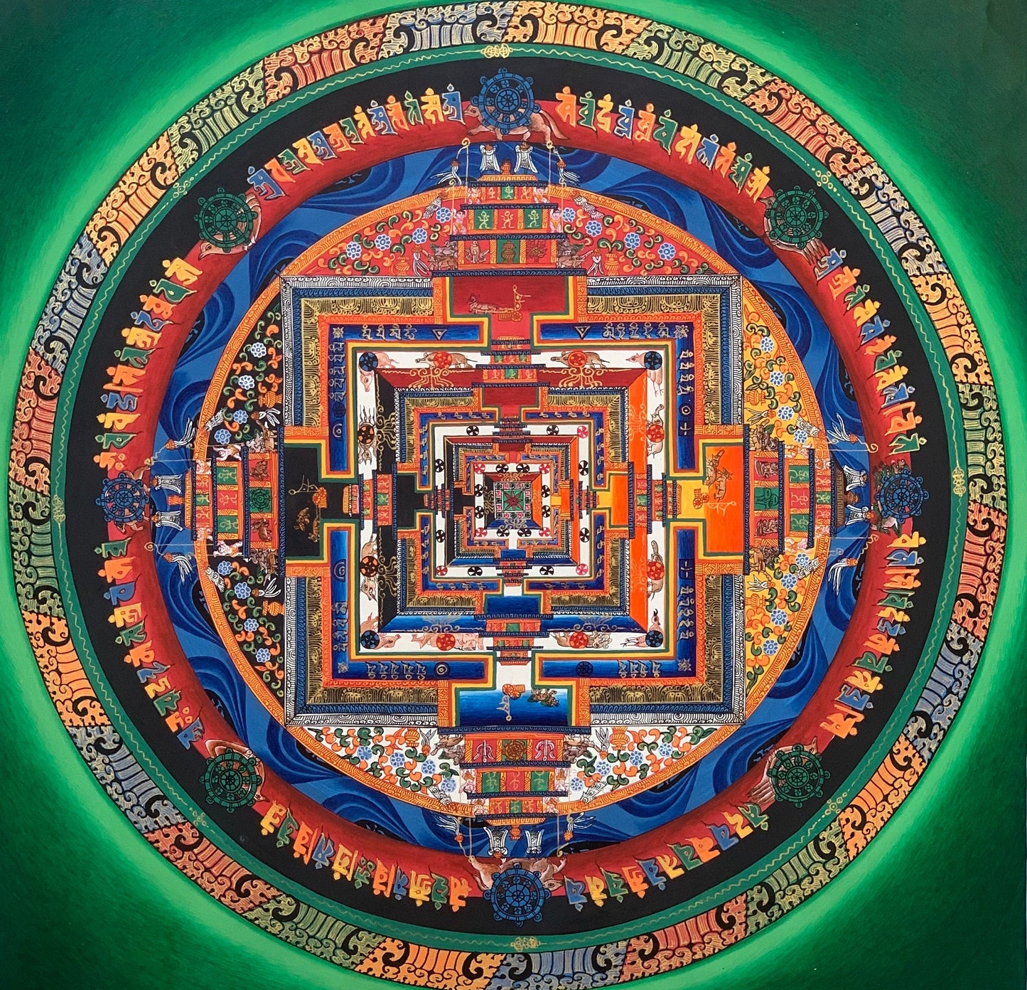 Hand-Painted Green Kalachakra Mandala Thangka | Wheel of Time Art | Meditation & Spiritual Decor