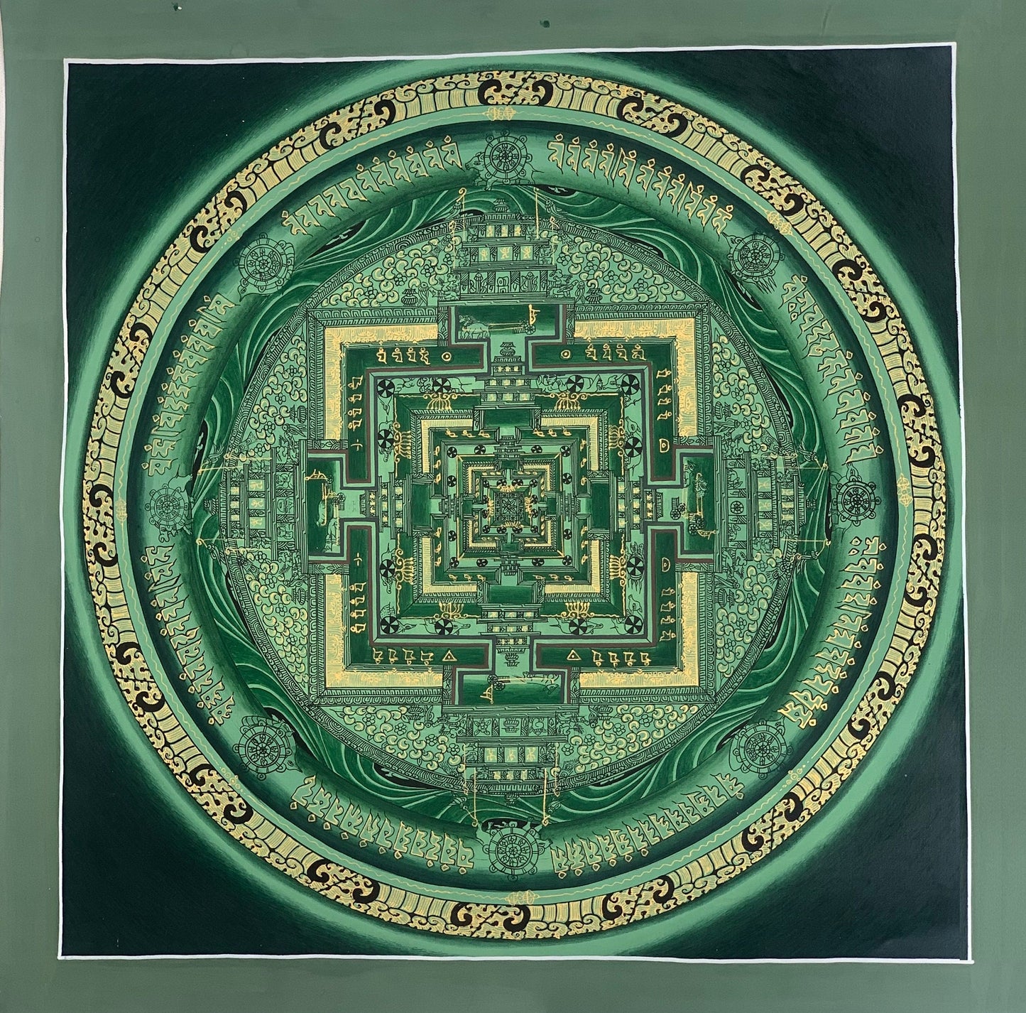 Hand-Painted Kalachakra Mandala Thangka | Tibetan Wheel of Time Art | Green Background Painting