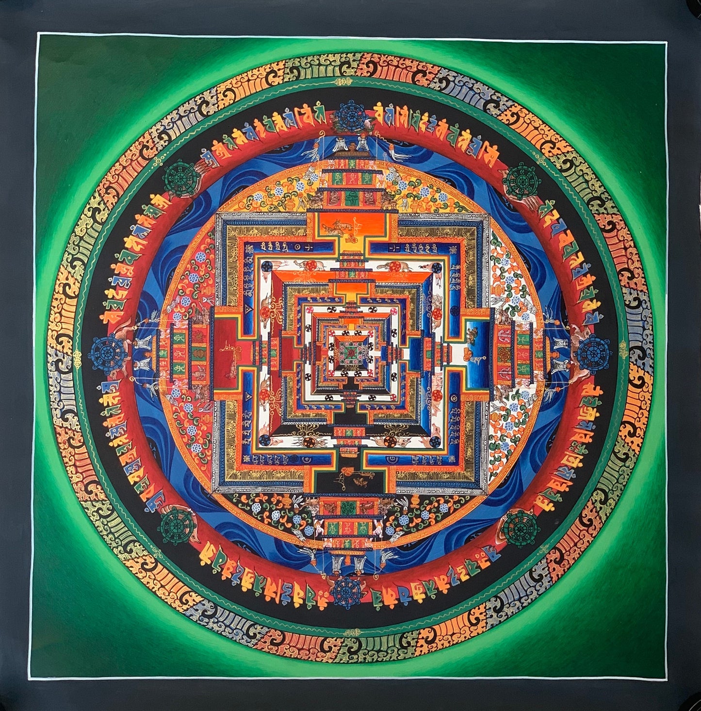 Hand-Painted Green Kalachakra Mandala Thangka | Wheel of Time Art | Meditation & Spiritual Decor