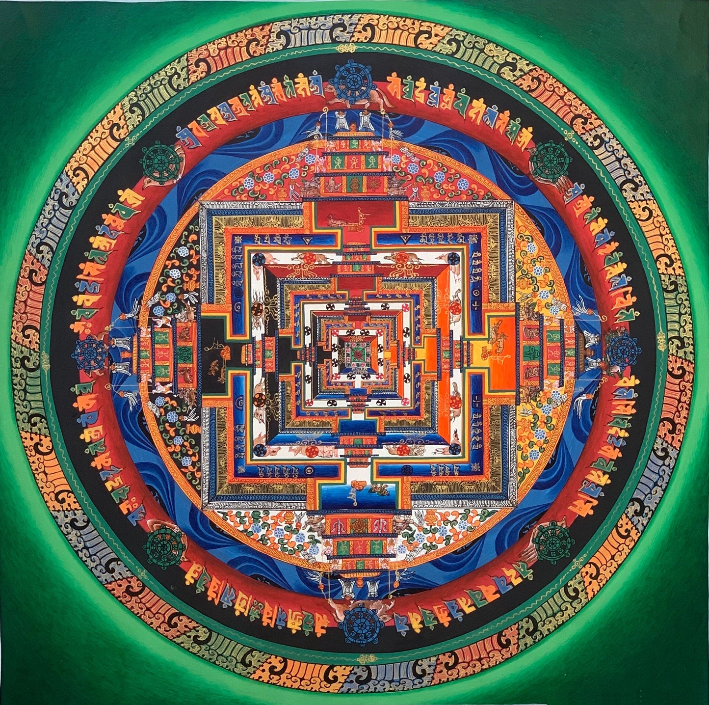 Hand-Painted Green Kalachakra Mandala Thangka | Wheel of Time Art | Meditation & Spiritual Decor