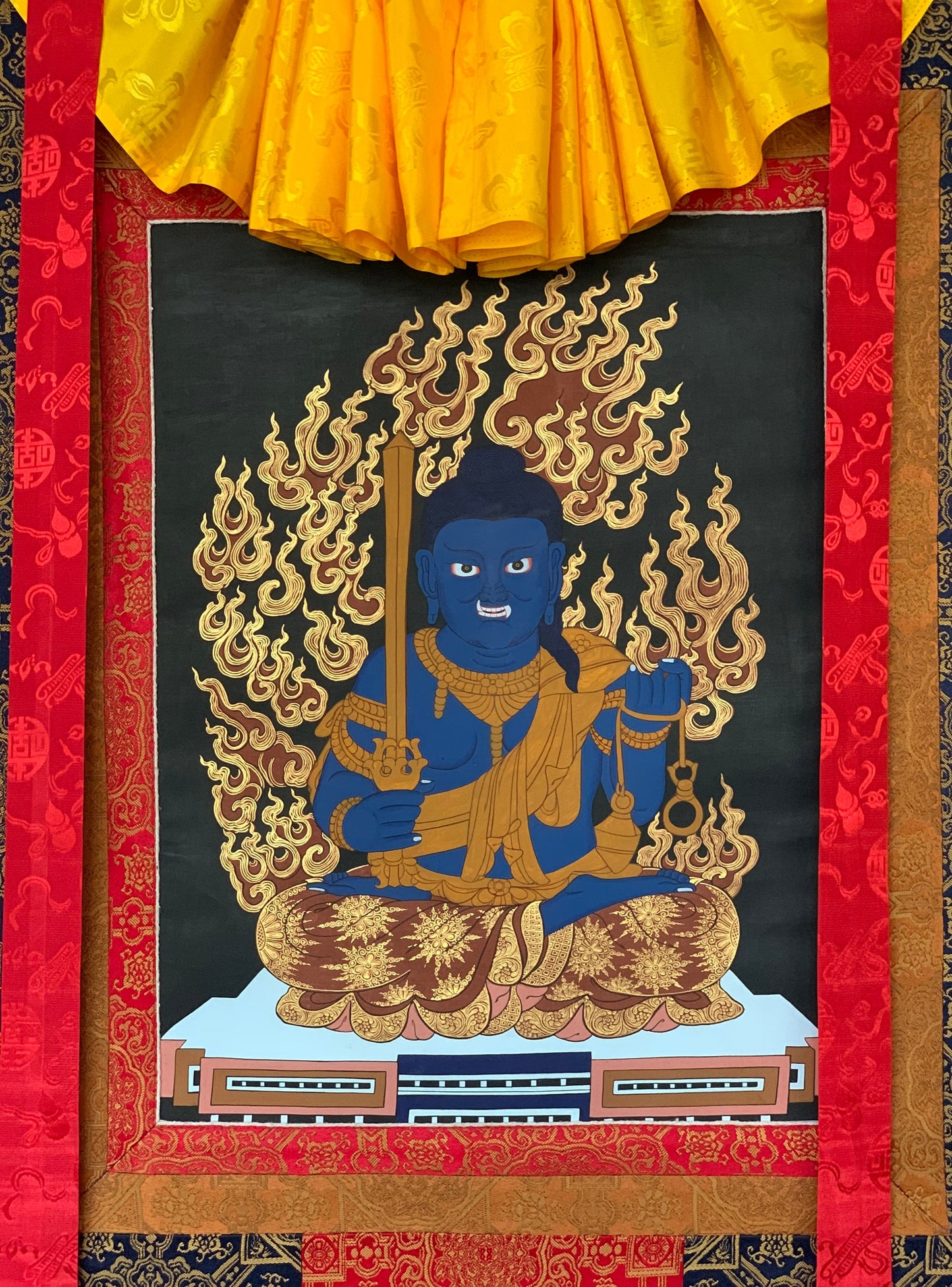 Hand-Painted Fudo Myo-o Thangka Painting with Silk Brocade