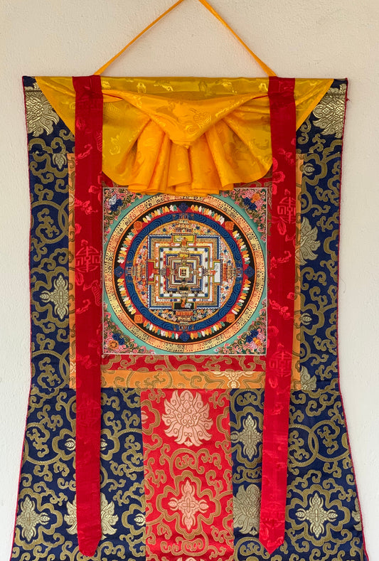 Hand-painted Kalachakra Mandala Tibetan Thangka Painting with Silk Brocade