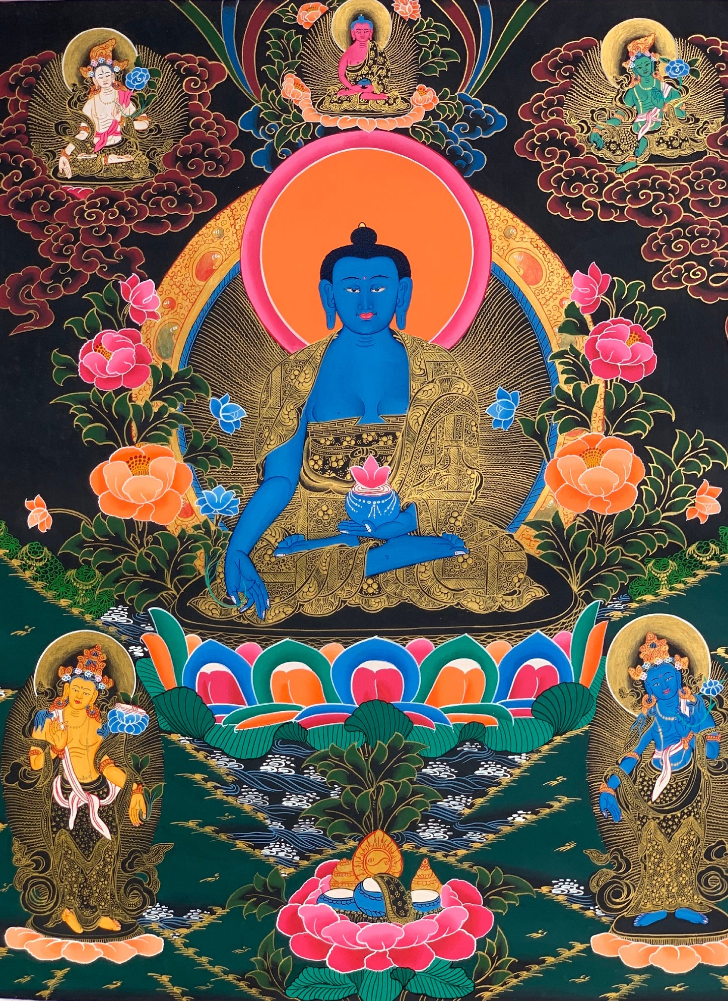 Original Medicine Buddha Thangka | Tibetan Healing Art | Hand-Painted Buddhist Painting | Wall Hanging Meditation Decor