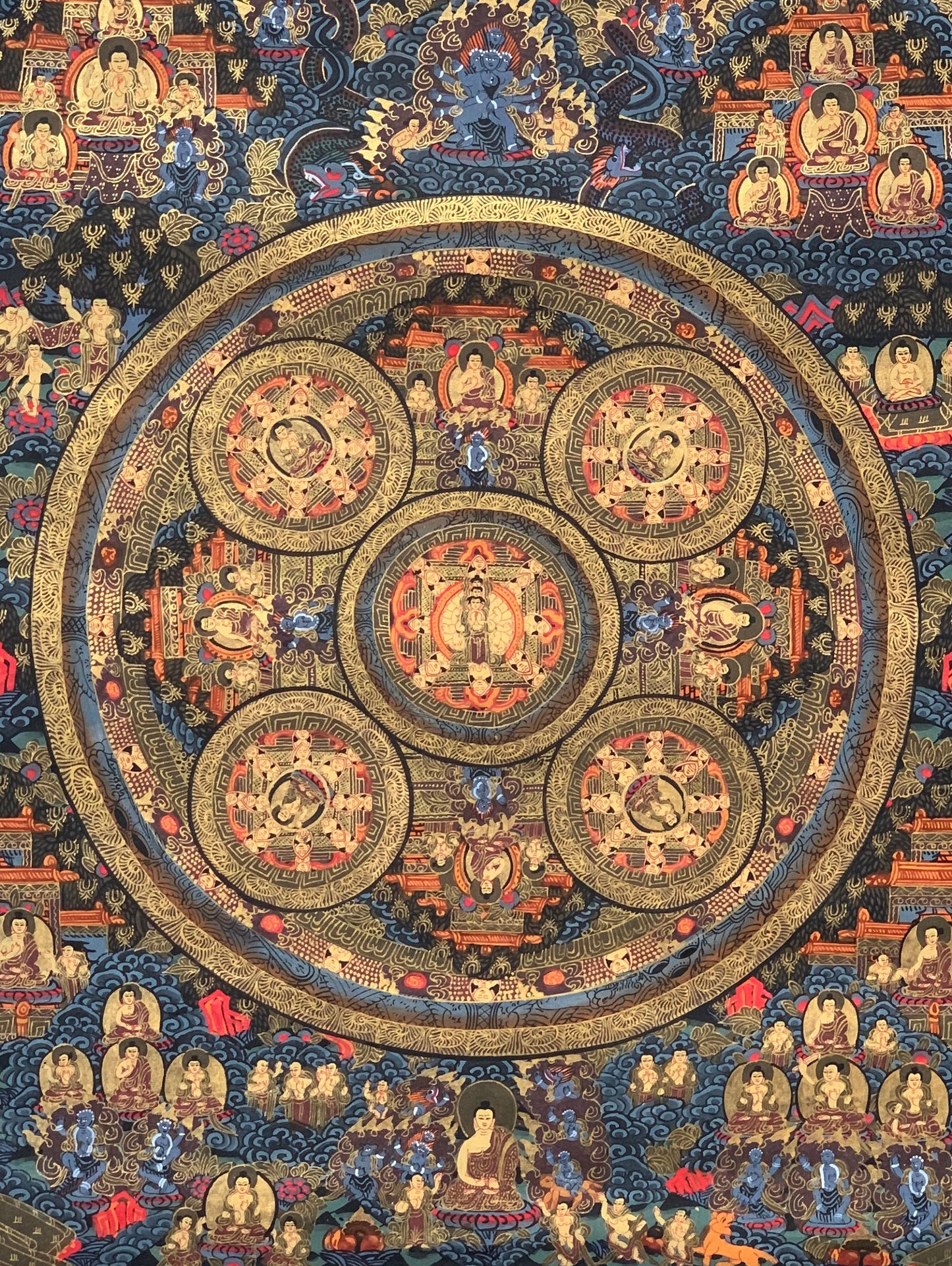 Original Hand-painted 5 Buddha Pancha Buddha AVALOKITESHVARA Mandala Tibetan Thangka Painting/ Meditation Wall Hanging