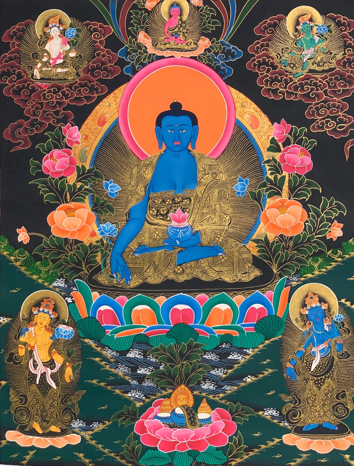 Original Medicine Buddha Thangka | Tibetan Healing Art | Hand-Painted Buddhist Painting | Wall Hanging Meditation Decor