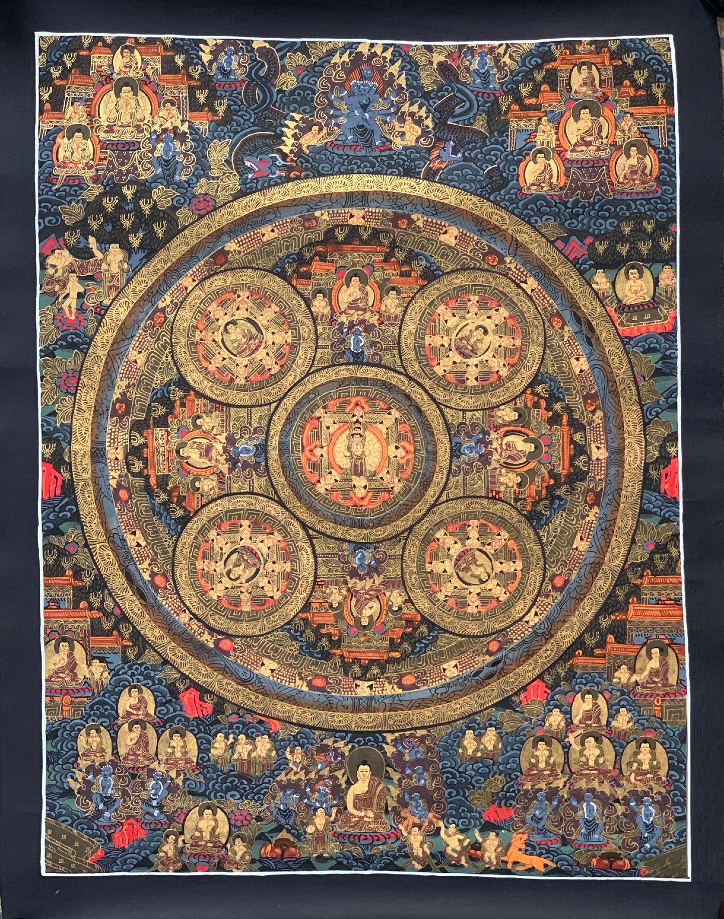 Original Hand-painted 5 Buddha Pancha Buddha AVALOKITESHVARA Mandala Tibetan Thangka Painting/ Meditation Wall Hanging