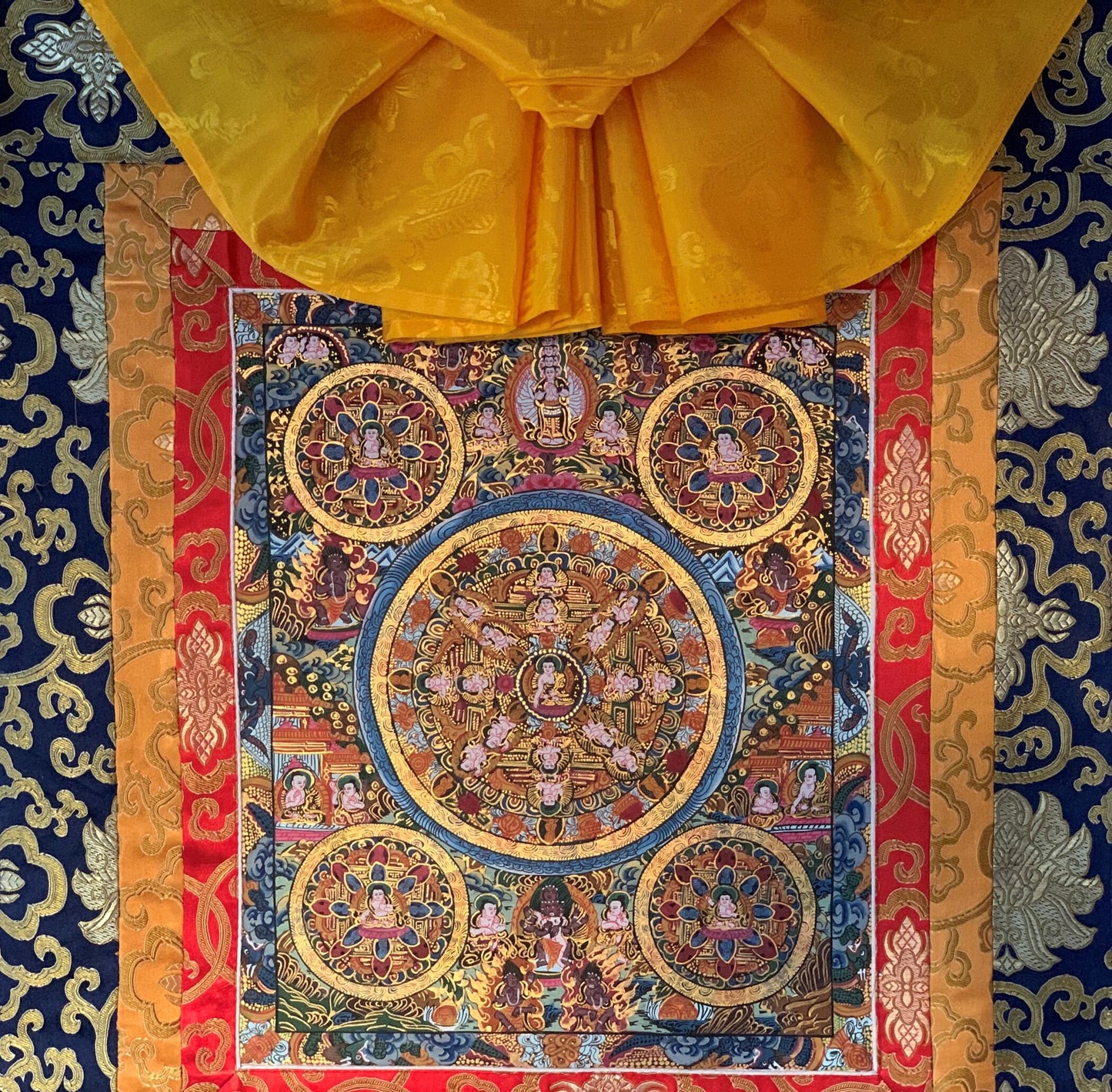 Handmade Pancha Buddha Thangka Painting | Wheel of Life Mandala Art