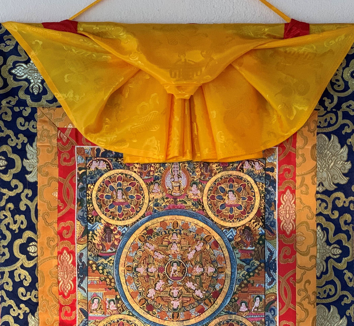 Handmade Pancha Buddha Thangka Painting | Wheel of Life Mandala Art