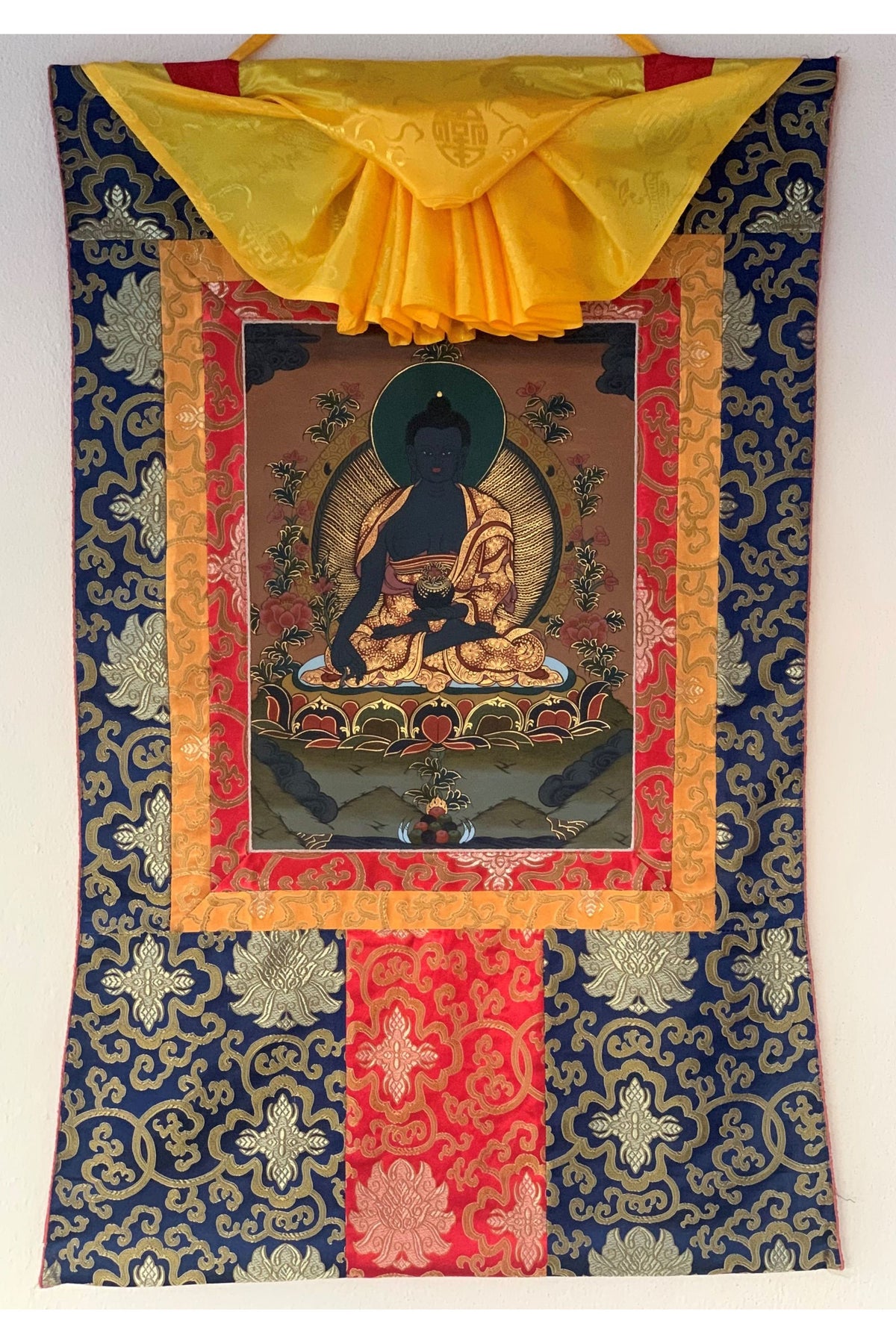 Hand-Painted Medicine Buddha Thangka Painting with Silk Brocade