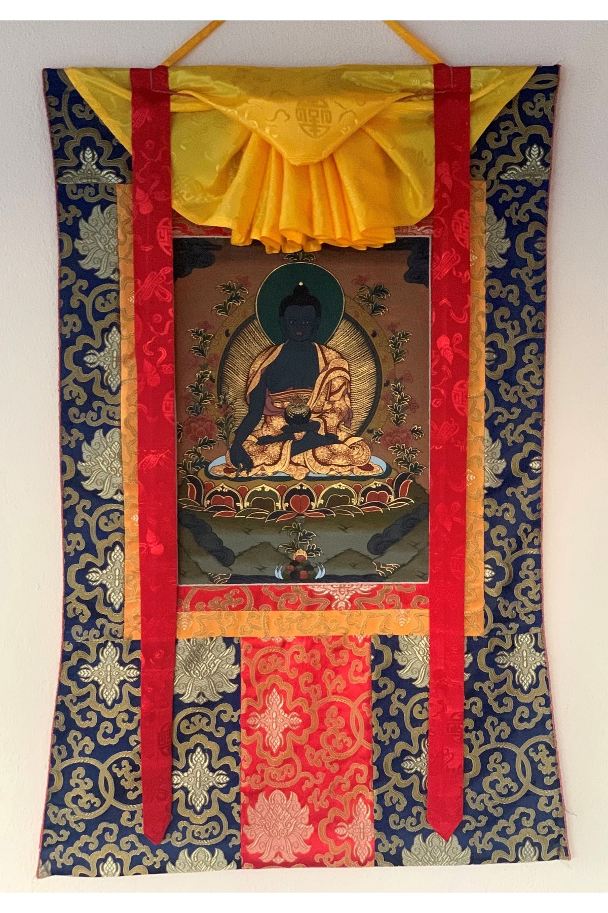 Hand-Painted Medicine Buddha Thangka Painting with Silk Brocade
