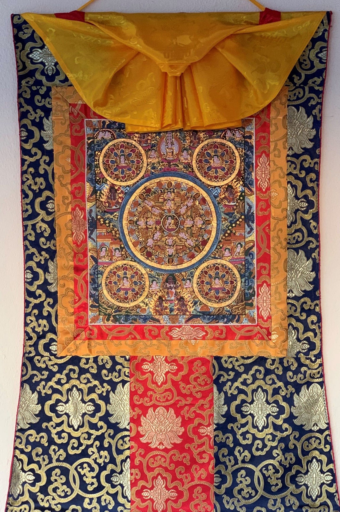Handmade Pancha Buddha Thangka Painting | Wheel of Life Mandala Art