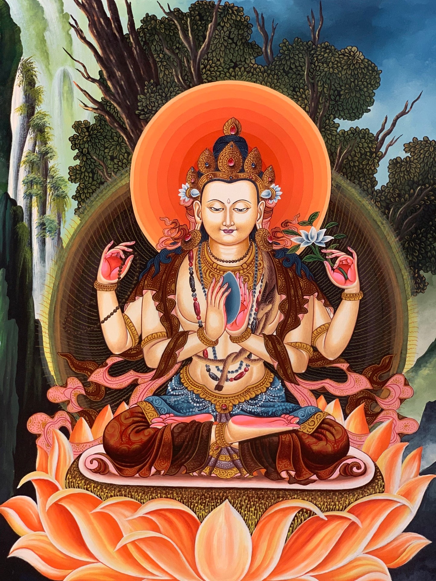 Original Hand-painted  Avalokiteshvara/ Chenrezig/ Lokeswor Masterpiece Newari Paubha/ Pauva Thangka Painting  from Kathmandu Valley