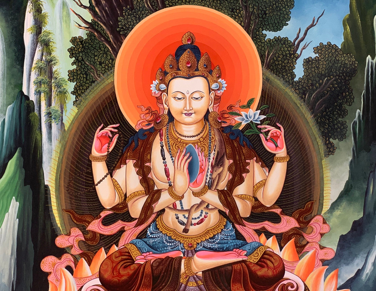 Original Hand-painted  Avalokiteshvara/ Chenrezig/ Lokeswor Masterpiece Newari Paubha/ Pauva Thangka Painting  from Kathmandu Valley