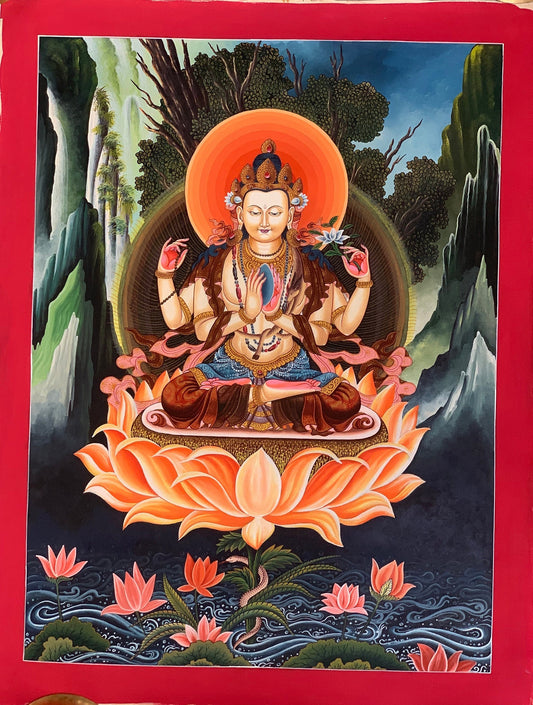 Original Hand-painted  Avalokiteshvara/ Chenrezig/ Lokeswor Masterpiece Newari Paubha/ Pauva Thangka Painting  from Kathmandu Valley