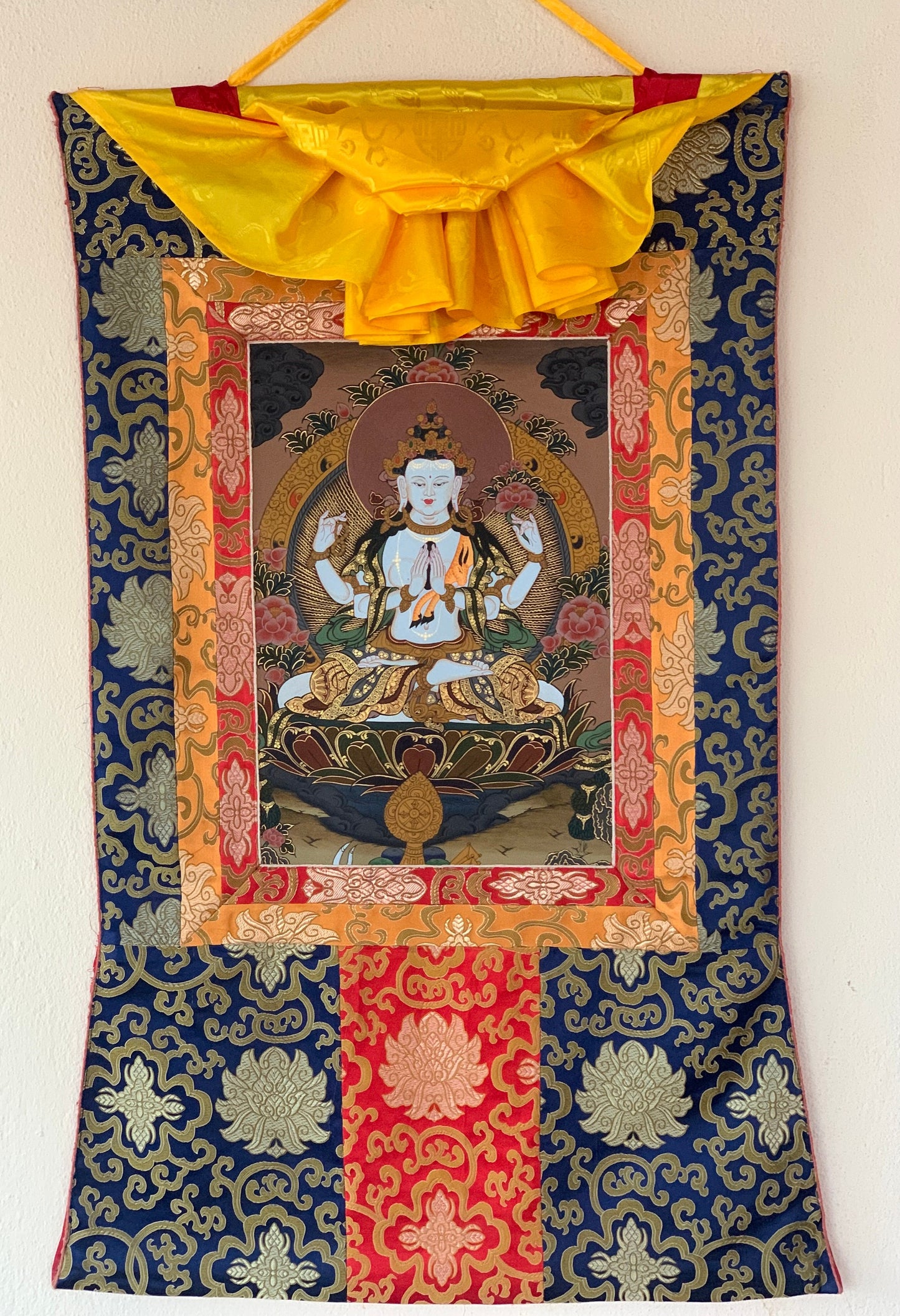 Avalokiteshvara Thangka | Hand-Painted Chenrezig Tibetan Compassion Art with Silk Brocade
