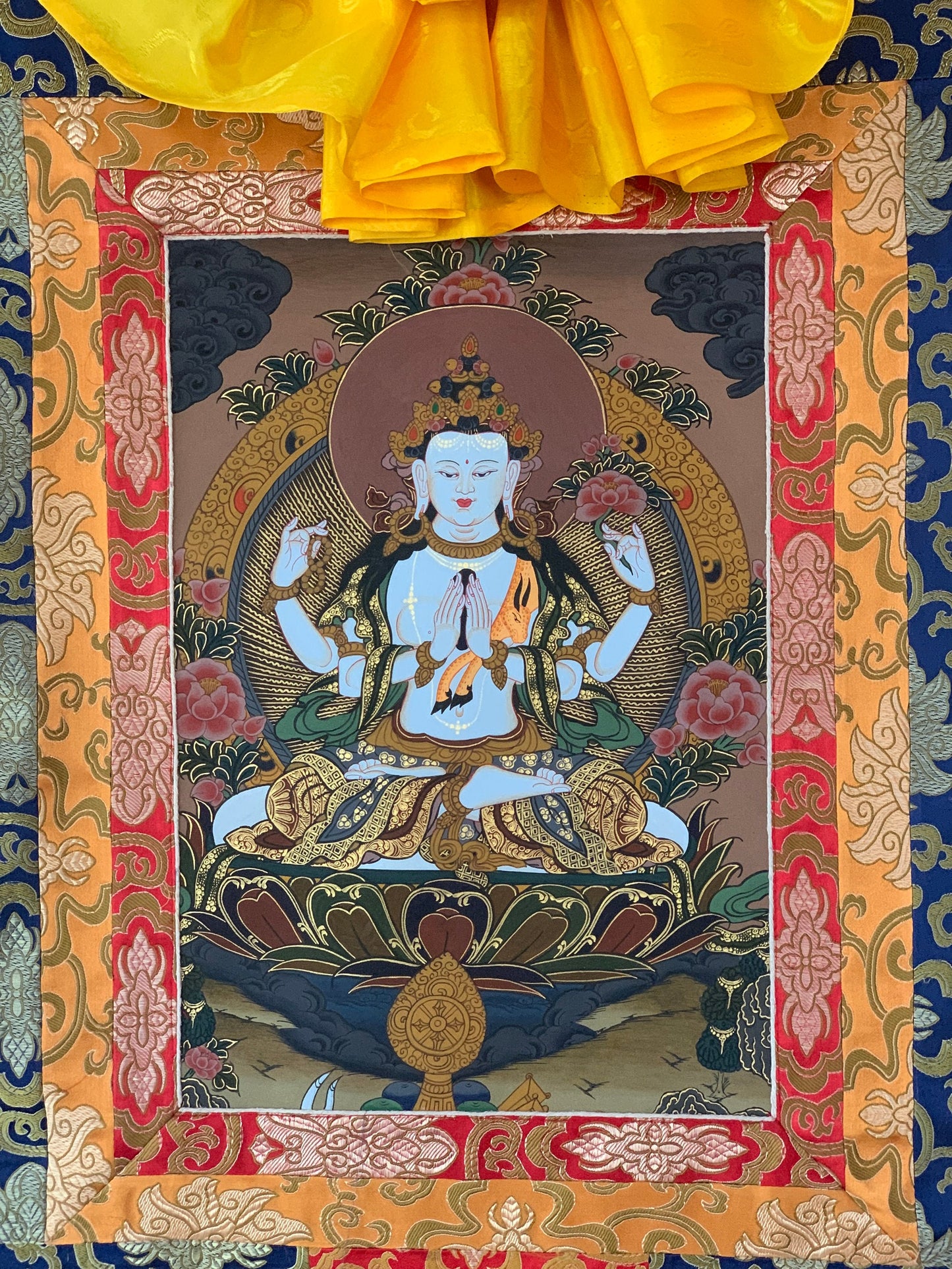 Avalokiteshvara Thangka | Hand-Painted Chenrezig Tibetan Compassion Art with Silk Brocade