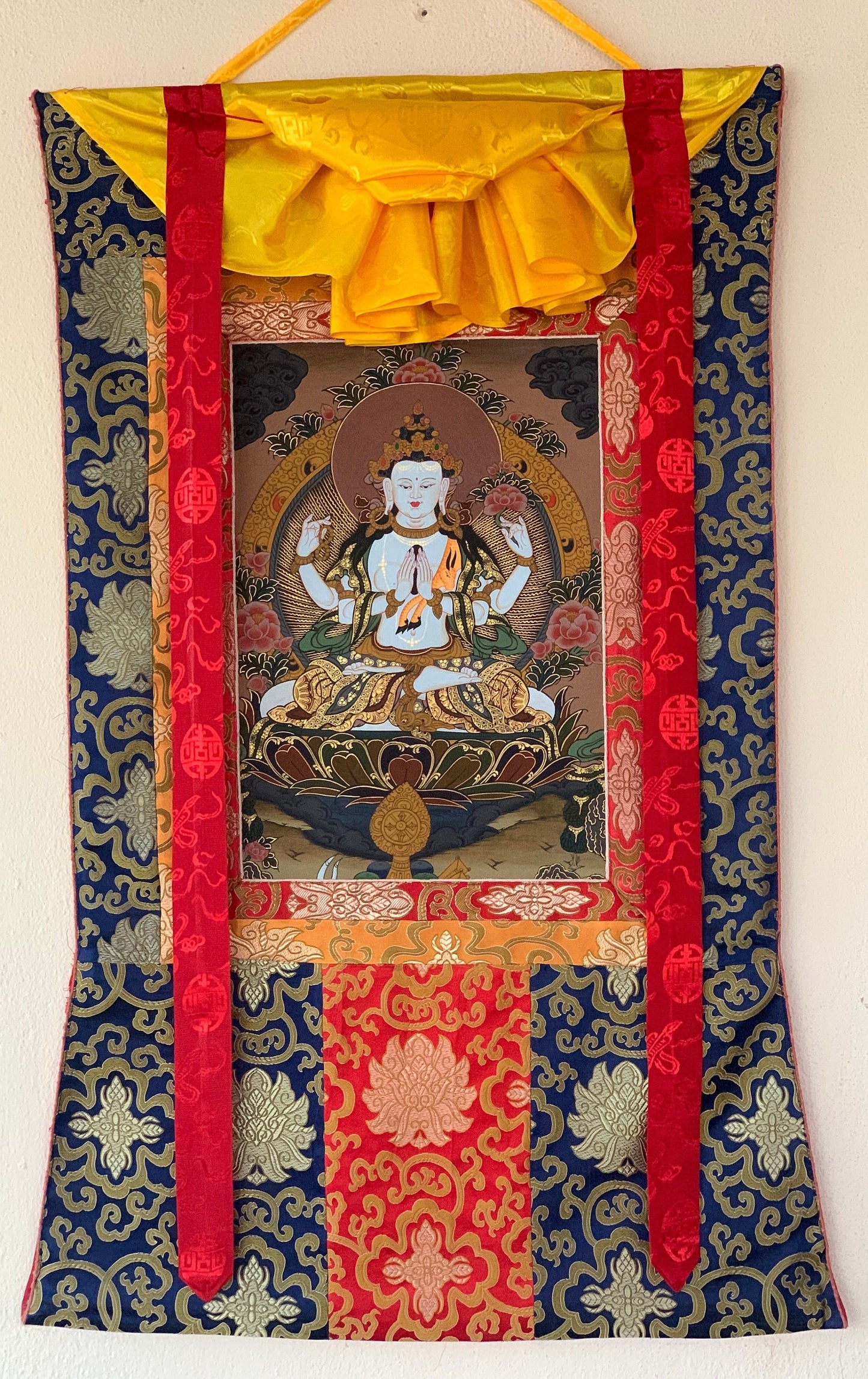 Avalokiteshvara Thangka | Hand-Painted Chenrezig Tibetan Compassion Art with Silk Brocade