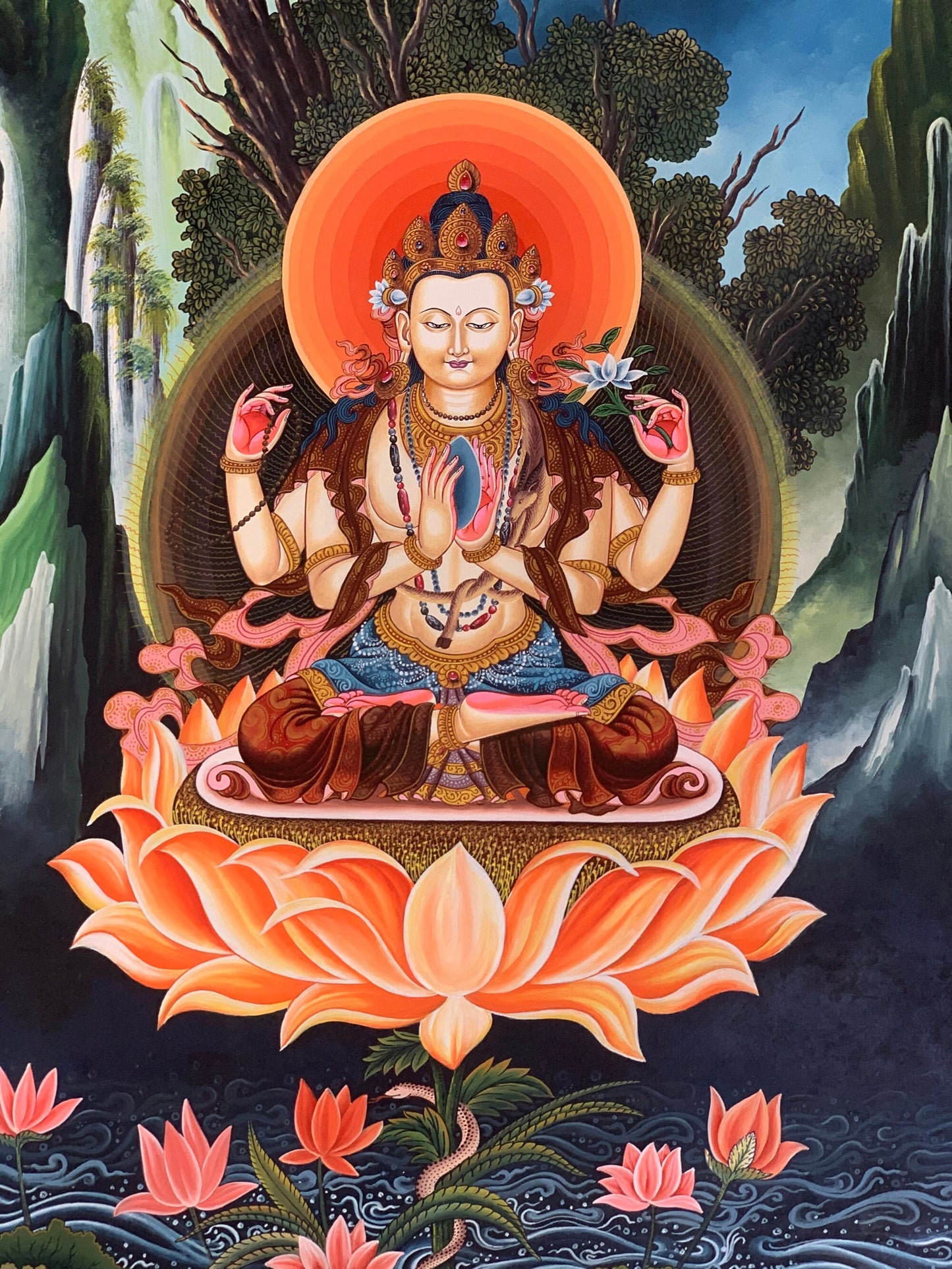 Original Hand-painted  Avalokiteshvara/ Chenrezig/ Lokeswor Masterpiece Newari Paubha/ Pauva Thangka Painting  from Kathmandu Valley