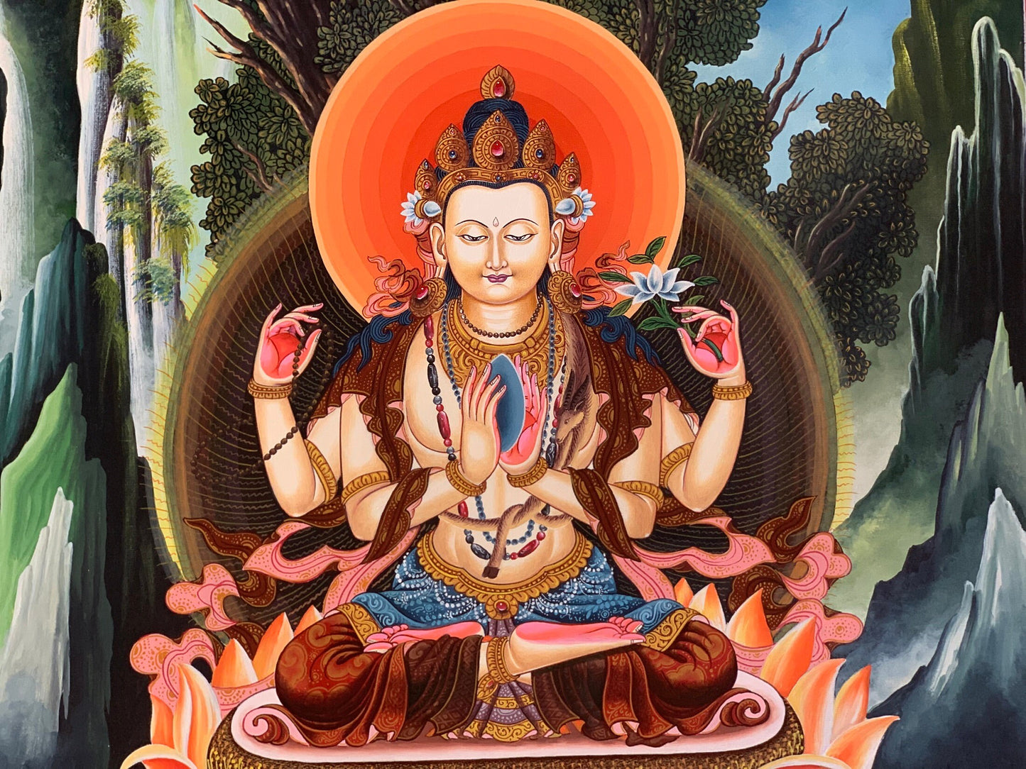 Original Hand-painted  Avalokiteshvara/ Chenrezig/ Lokeswor Masterpiece Newari Paubha/ Pauva Thangka Painting  from Kathmandu Valley