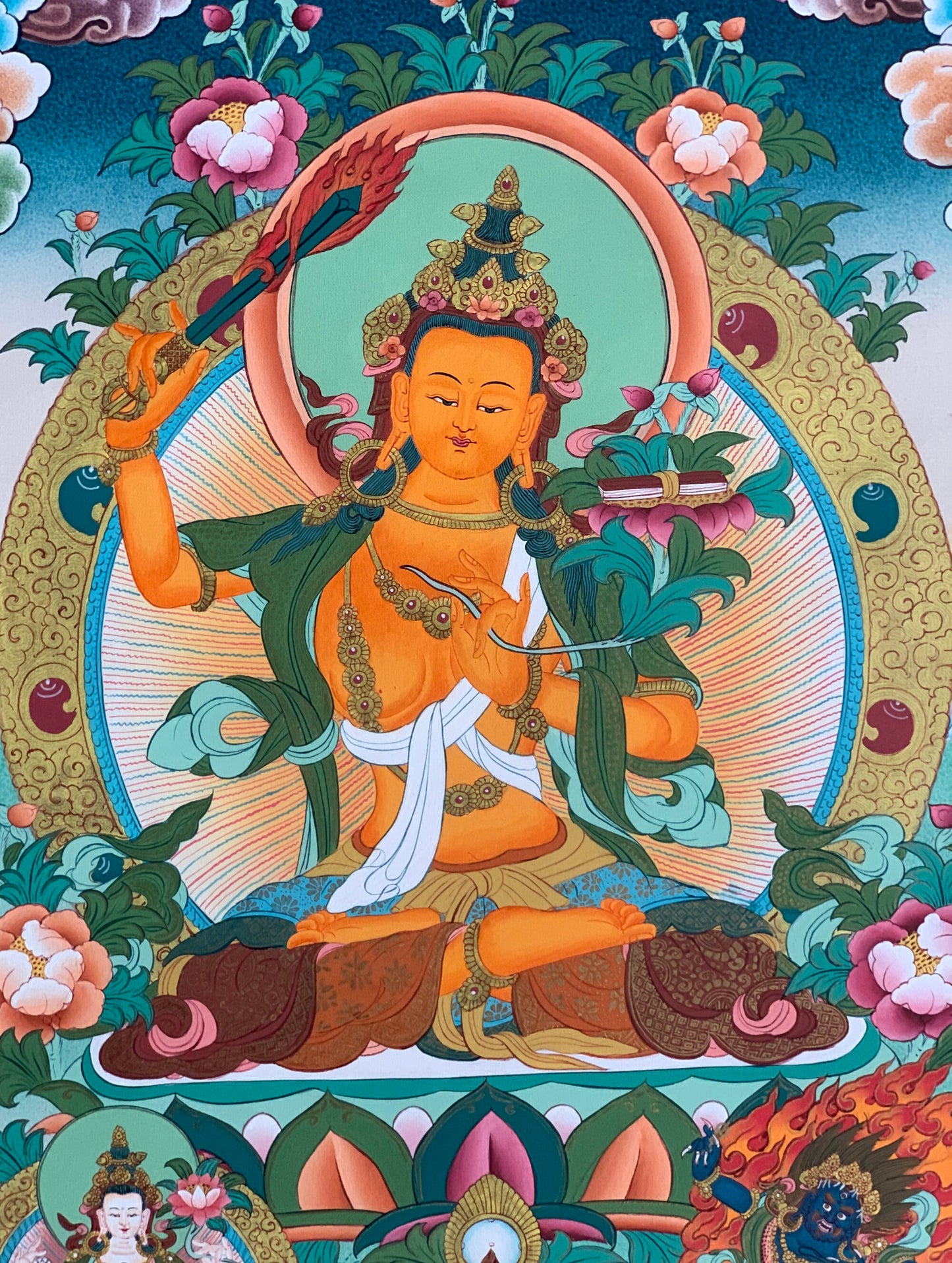 Manjushri Thangka | Hand-Painted Tibetan Wisdom Buddha Art with Silk Brocade