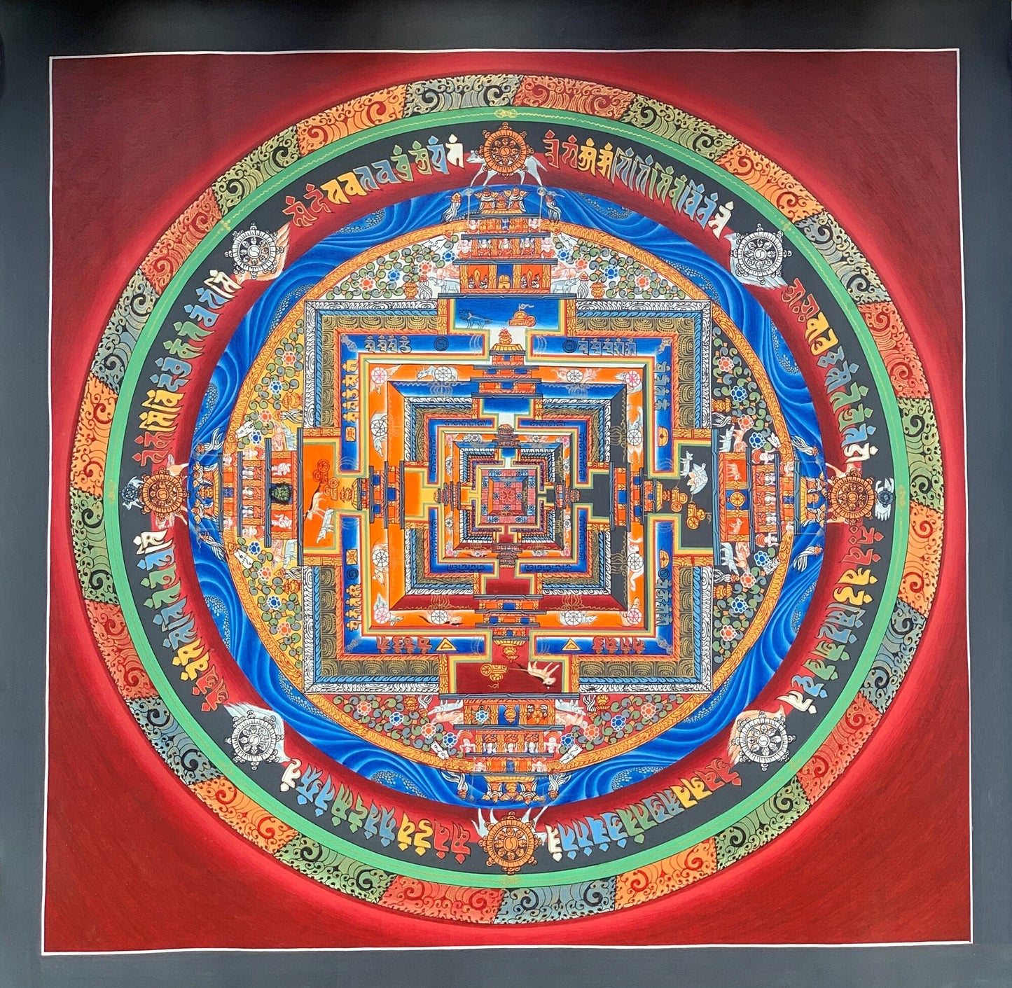 Hand-Painted Kalachakra Mandala Thangka – Tibetan Wheel of Life Art 24 x 24 inches