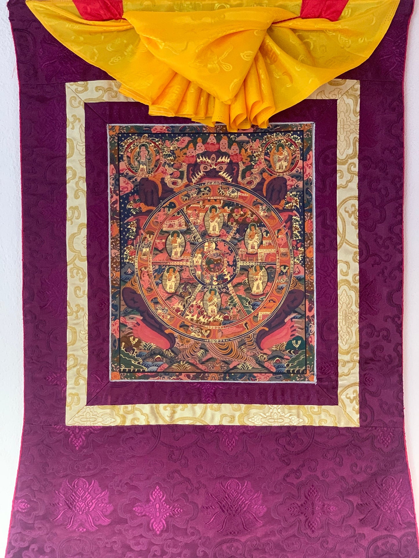 Wheel of Life Thangka Painting | Samsara Bhavachakra Mandala Art, Silk Brocade