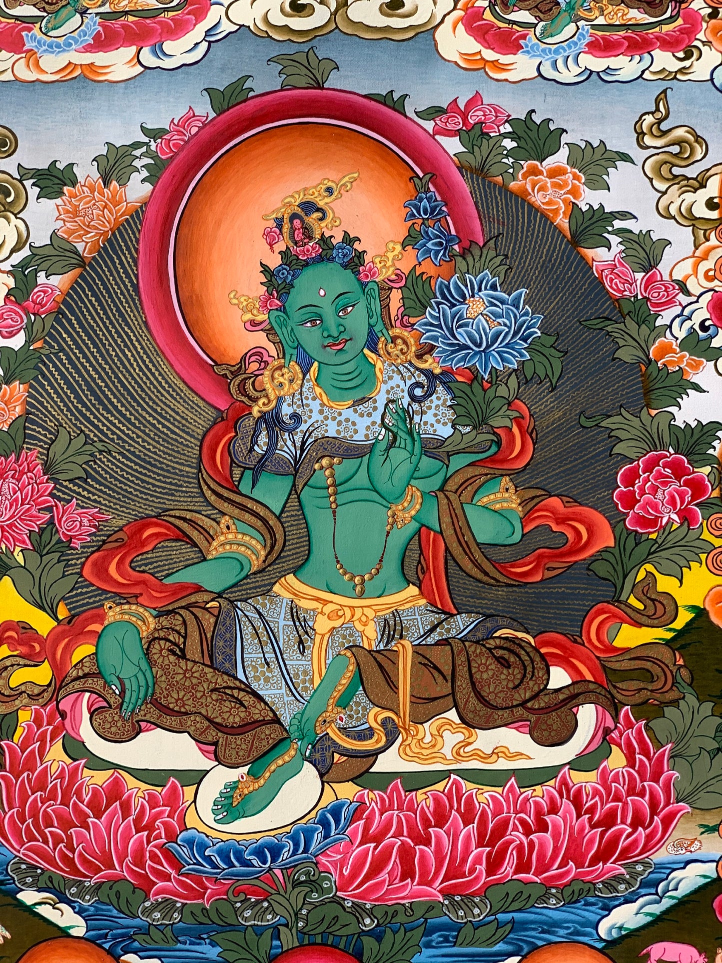 Hand-Painted 21 Green Tara Thangka Painting on Silk Brocade