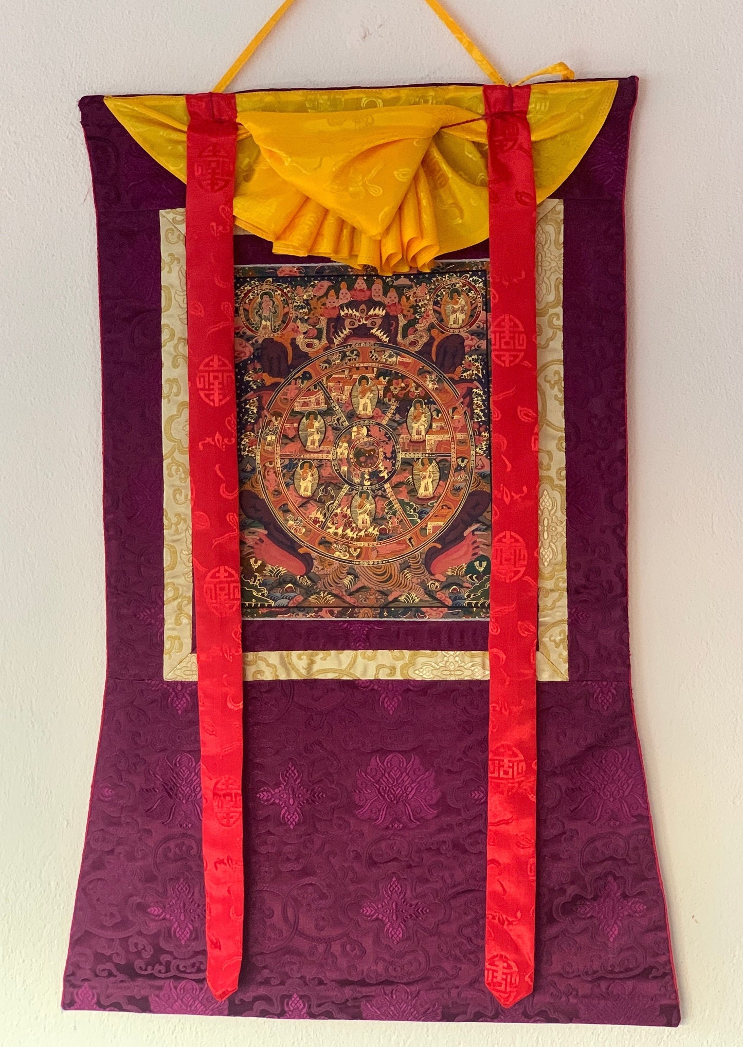 Wheel of Life Thangka Painting | Samsara Bhavachakra Mandala Art, Silk Brocade