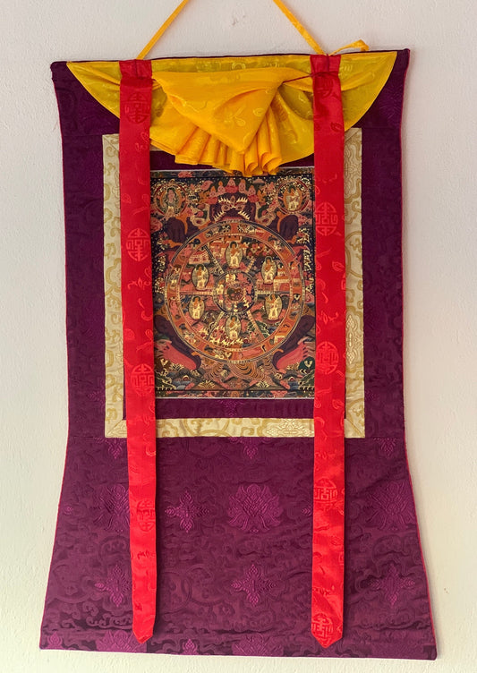 Wheel of Life Thangka Painting | Samsara Bhavachakra Mandala Art, Silk Brocade