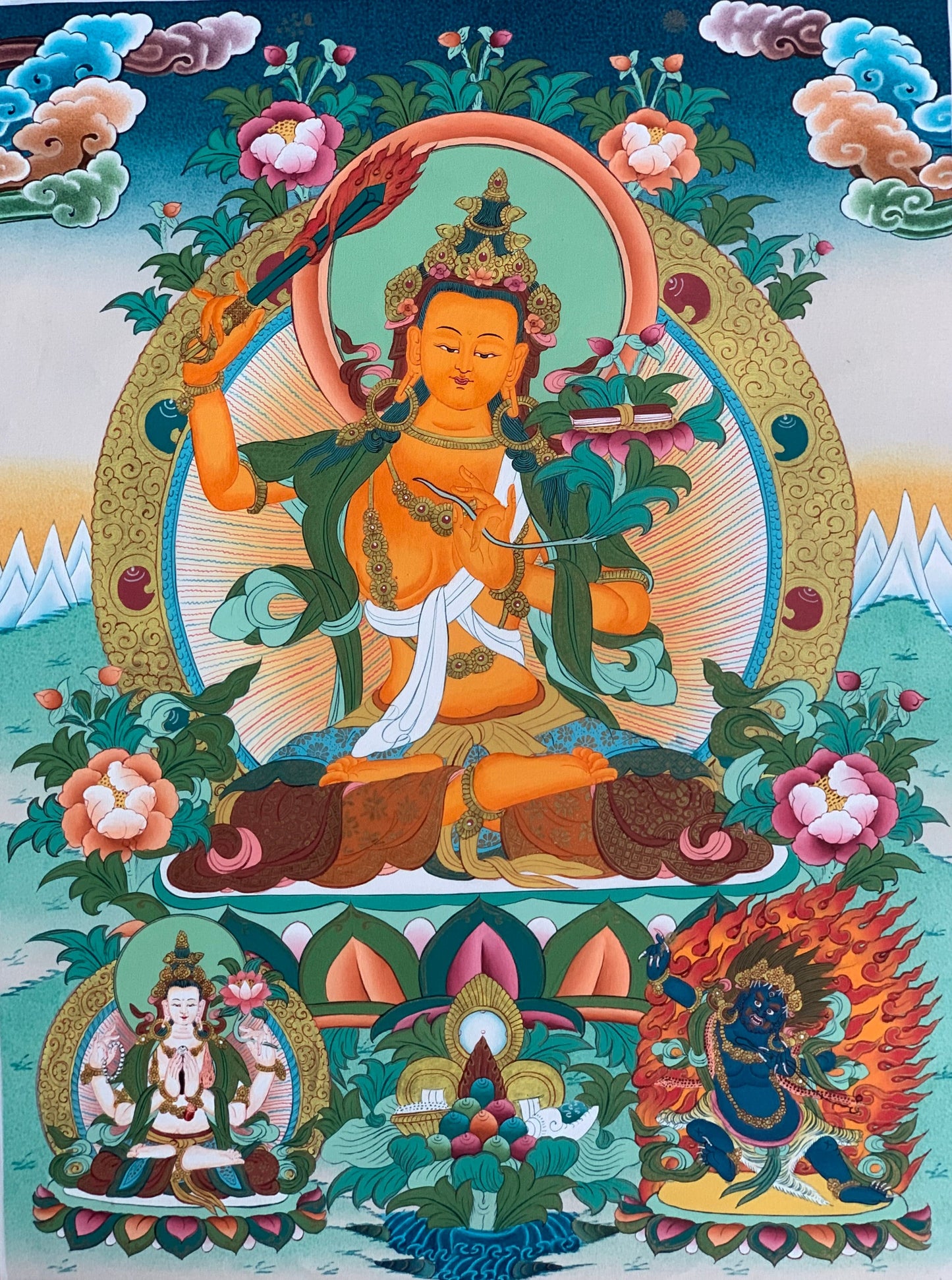 Manjushri Thangka | Hand-Painted Tibetan Wisdom Buddha Art with Silk Brocade