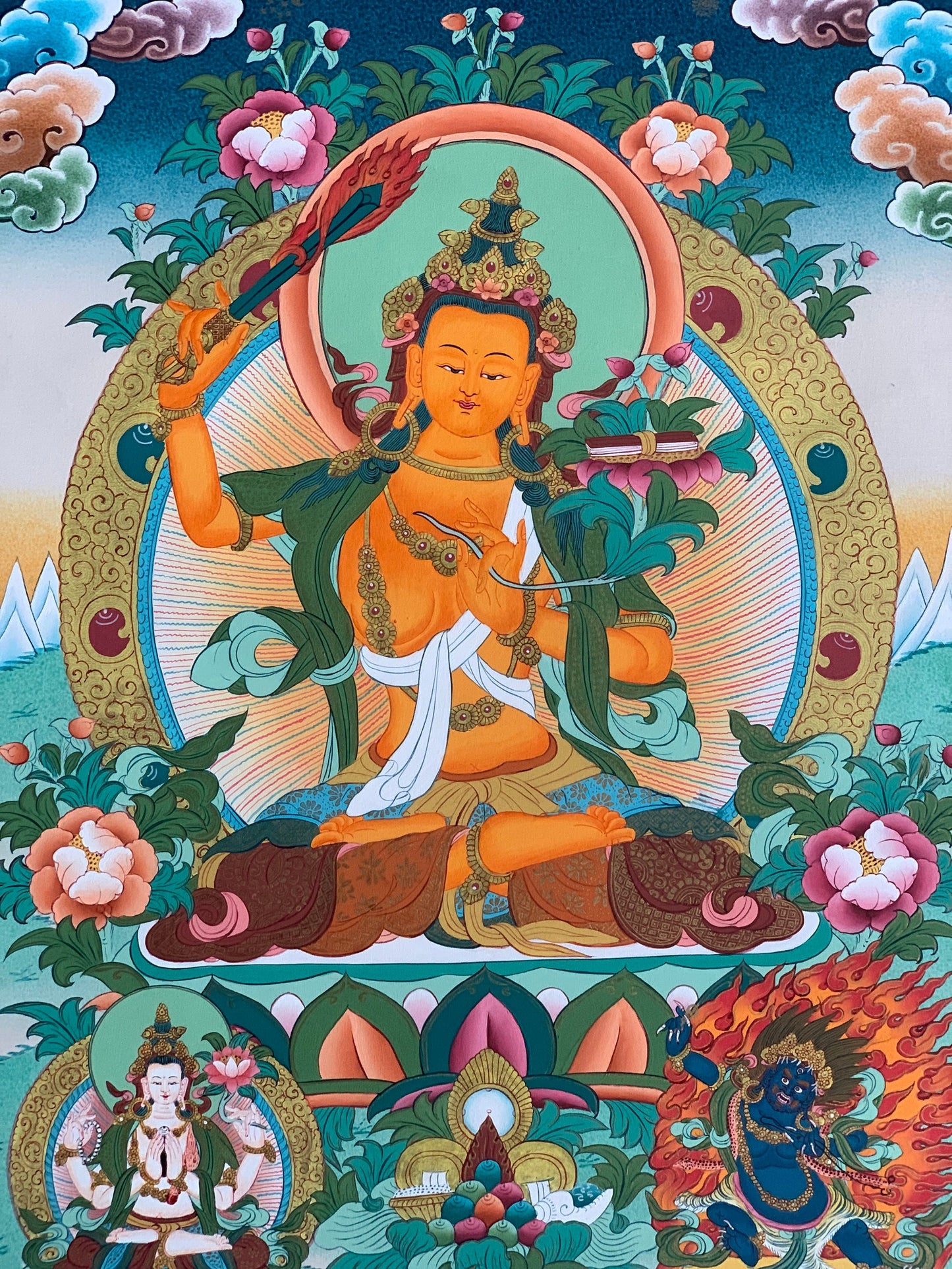 Manjushri Thangka | Hand-Painted Tibetan Wisdom Buddha Art with Silk Brocade