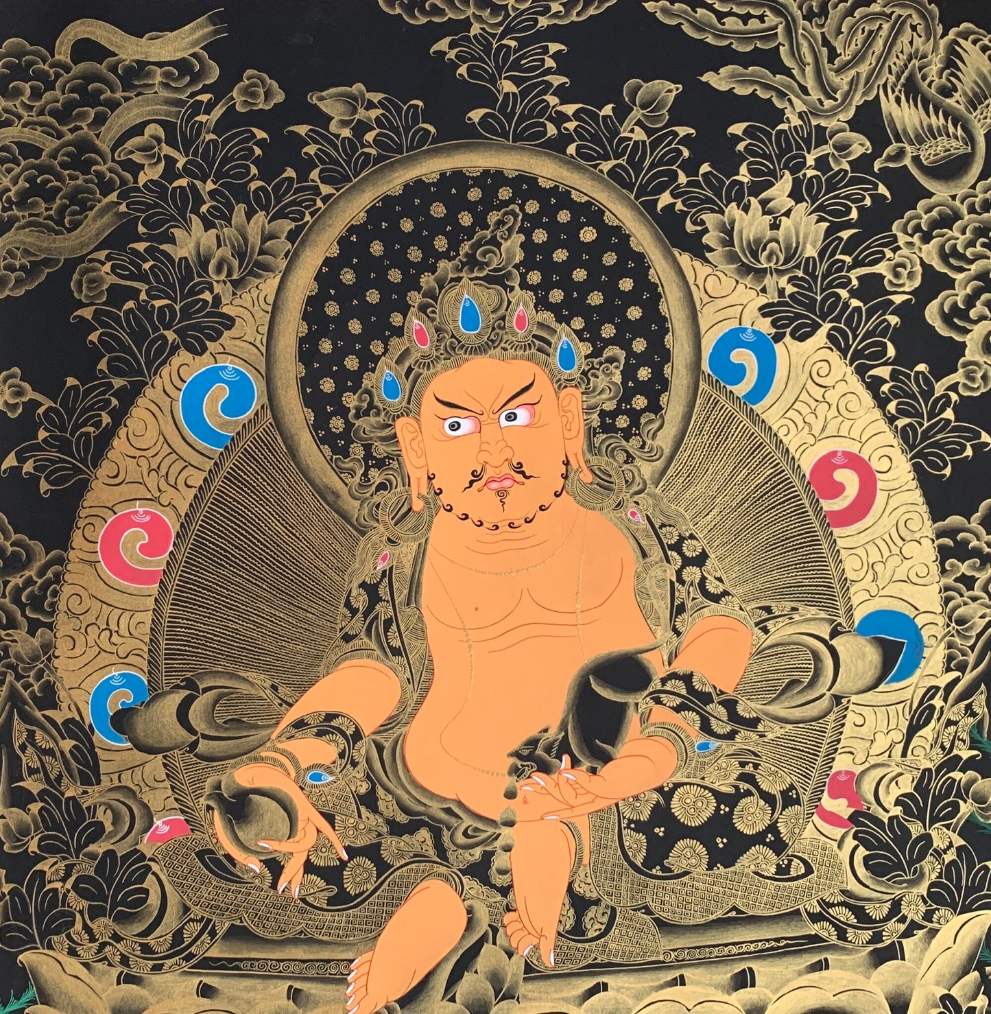 Large Jambhala Thangka | Hand-Painted Zambhala Kubera Wealth Deity with Silk Brocade