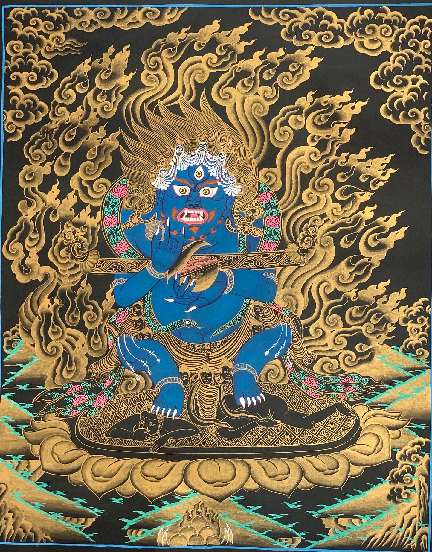 Hand-Painted Mahakala Thangka | Gold & Natural Colors, Nepalese Art