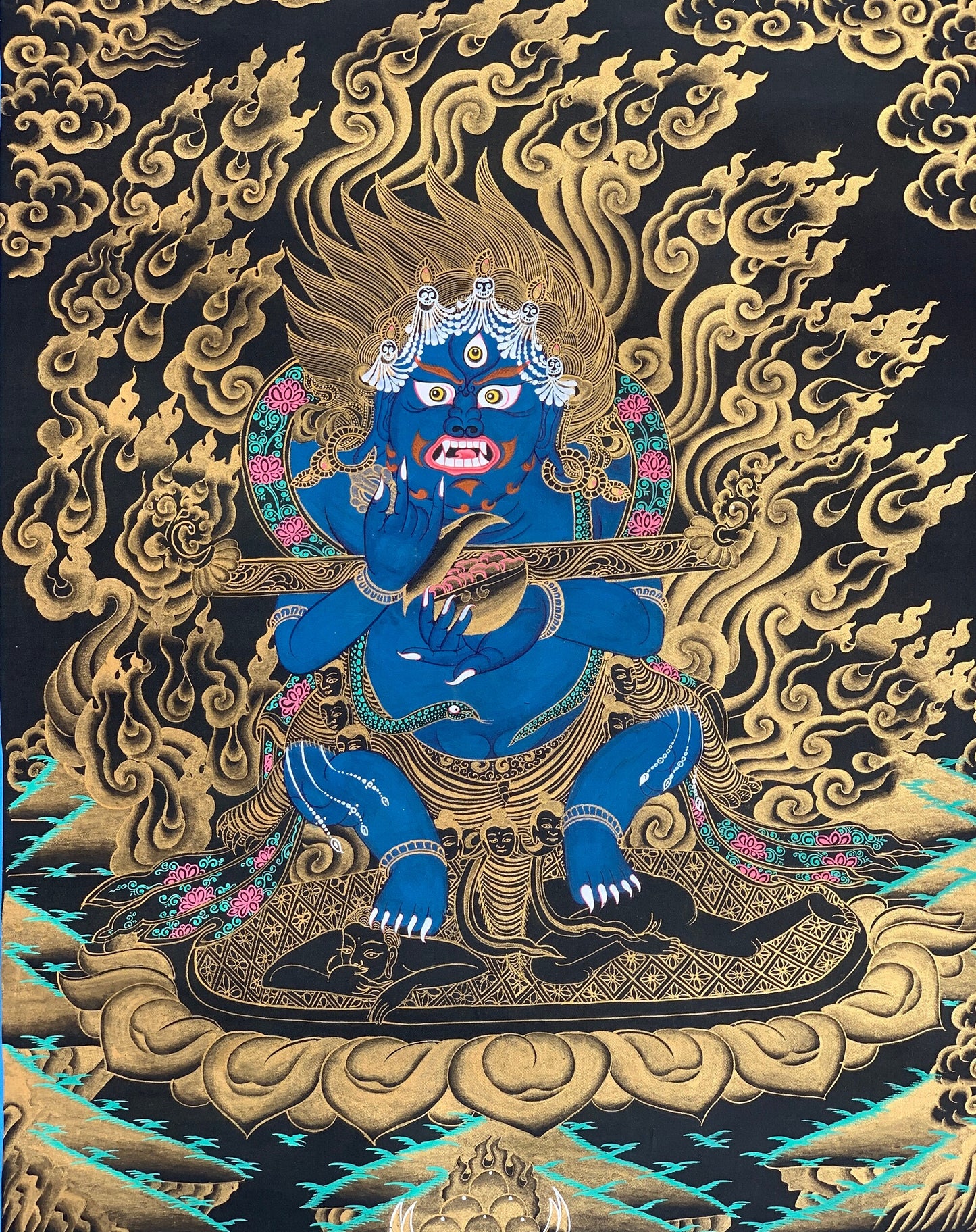 Hand-Painted Mahakala Thangka | Gold & Natural Colors, Nepalese Art