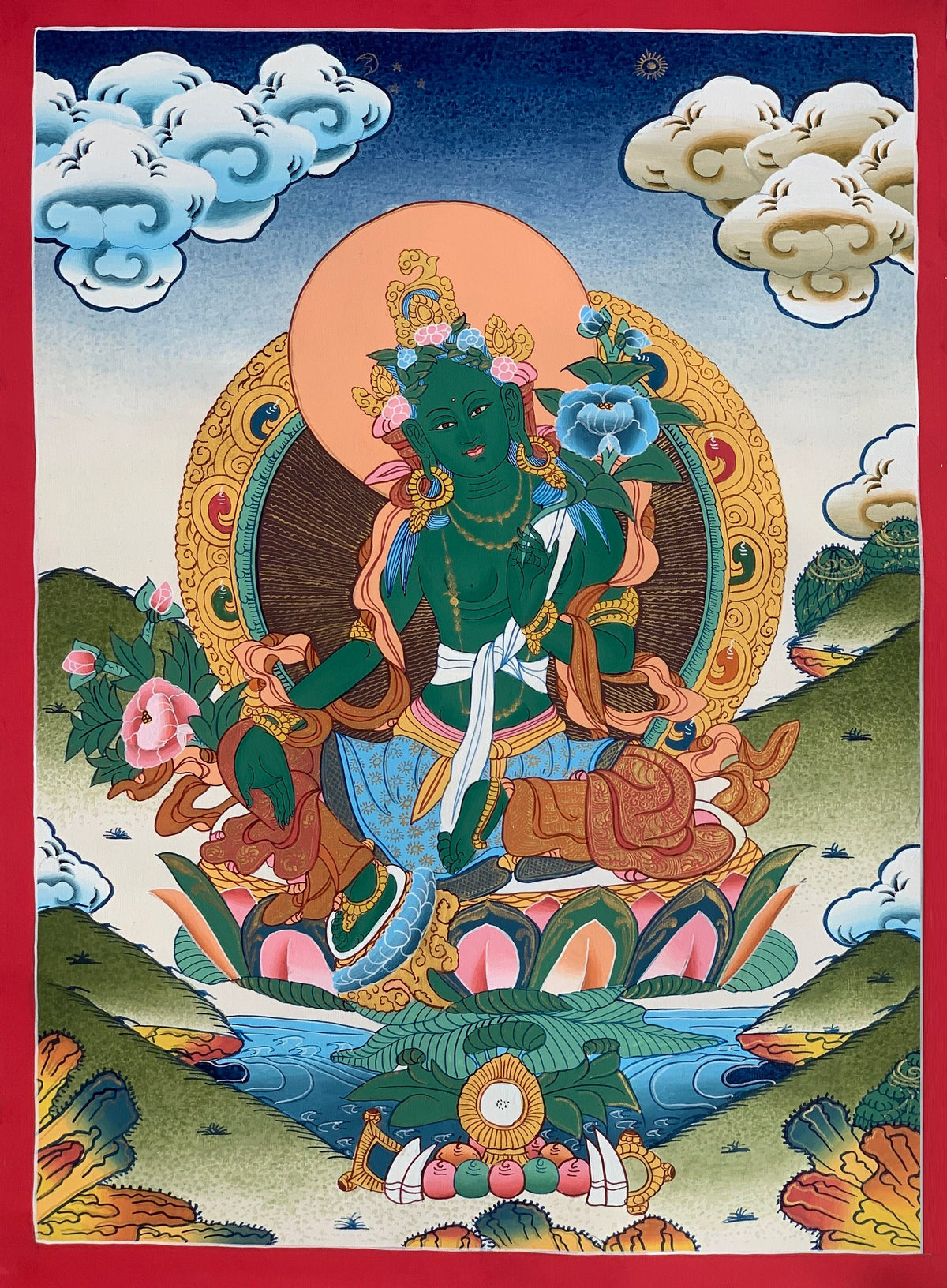 Green  Tara, Shyamatara, Goddess of Compassion, High Quality Thangka Painting, Original Art  14 x19 Inch