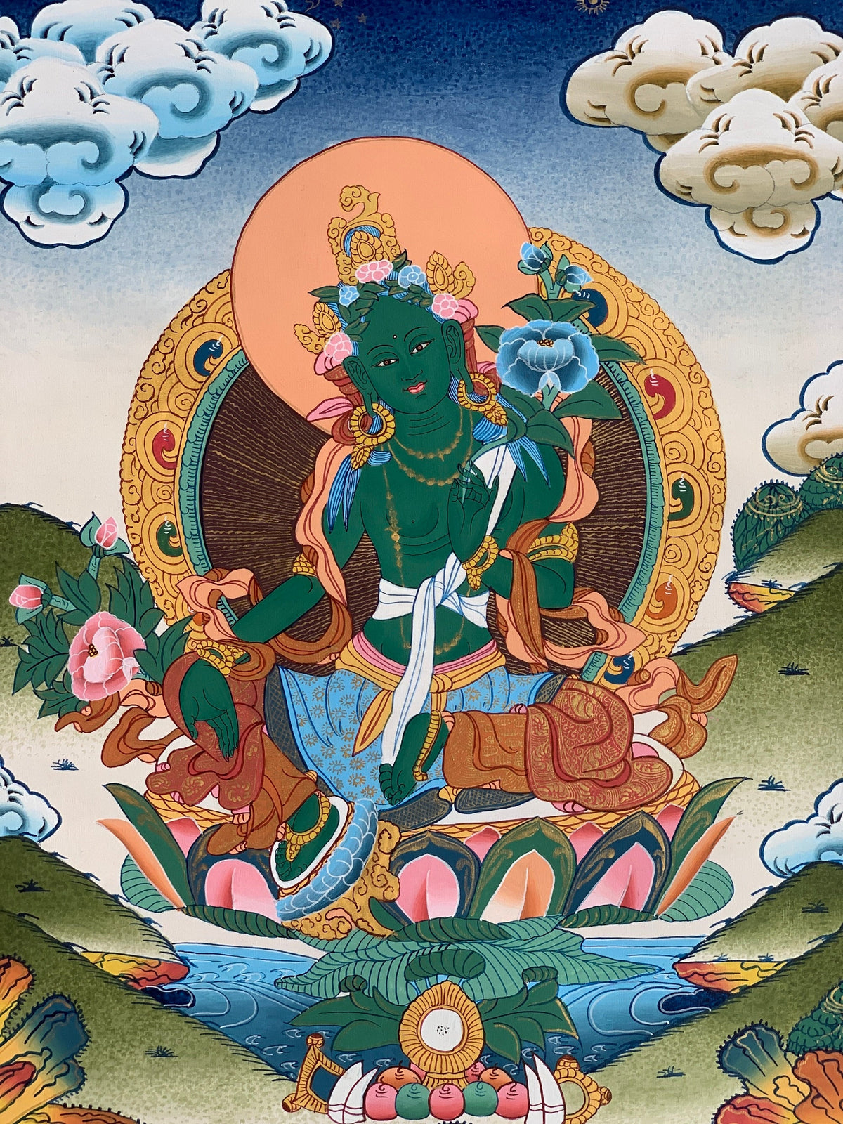 Green  Tara, Shyamatara, Goddess of Compassion, High Quality Thangka Painting, Original Art  14 x19 Inch