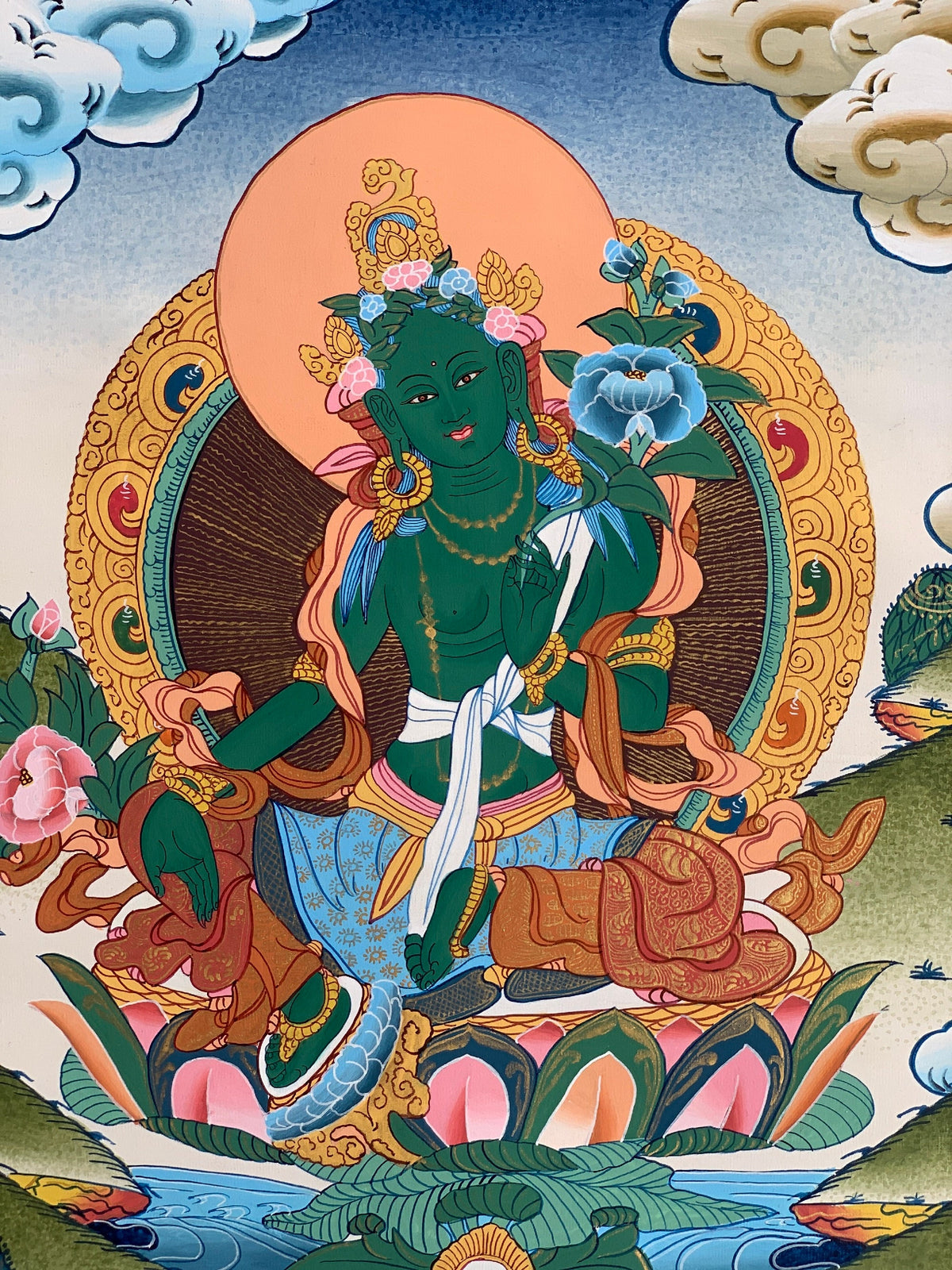 Green  Tara, Shyamatara, Goddess of Compassion, High Quality Thangka Painting, Original Art  14 x19 Inch