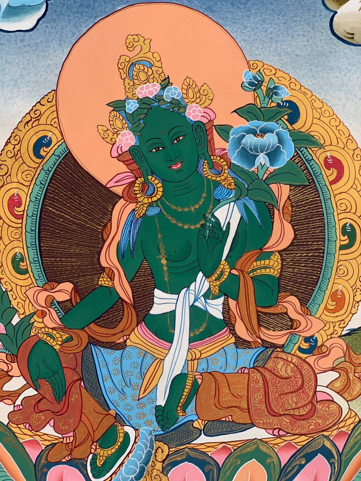 Green  Tara, Shyamatara, Goddess of Compassion, High Quality Thangka Painting, Original Art  14 x19 Inch