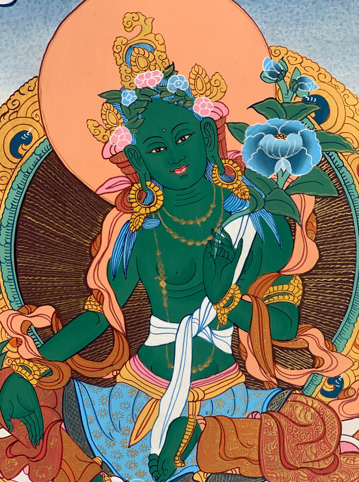 Green  Tara, Shyamatara, Goddess of Compassion, High Quality Thangka Painting, Original Art  14 x19 Inch