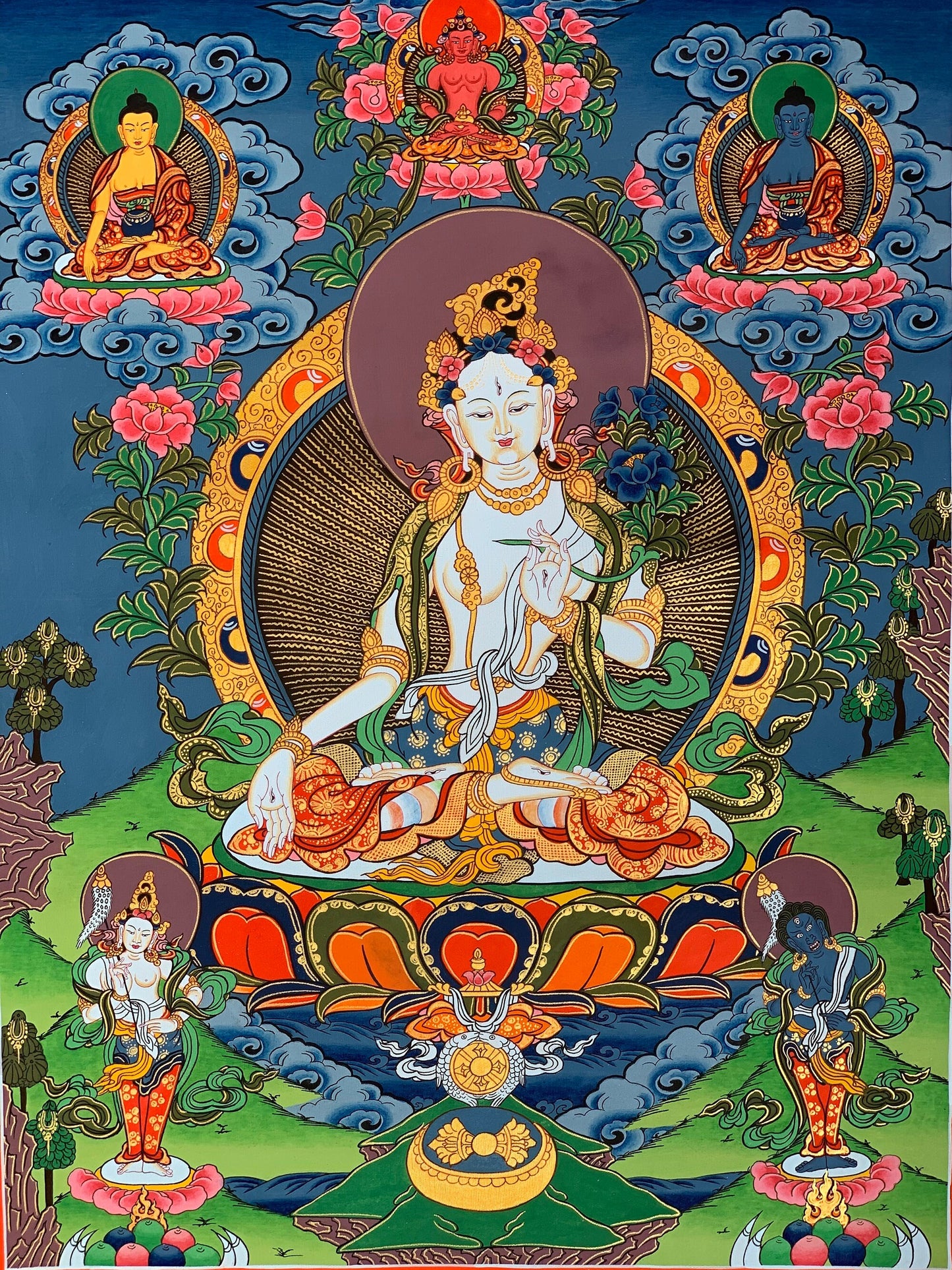 Hand-Painted White Tara Thangka Painting - Tibetan Mother Goddess Art
