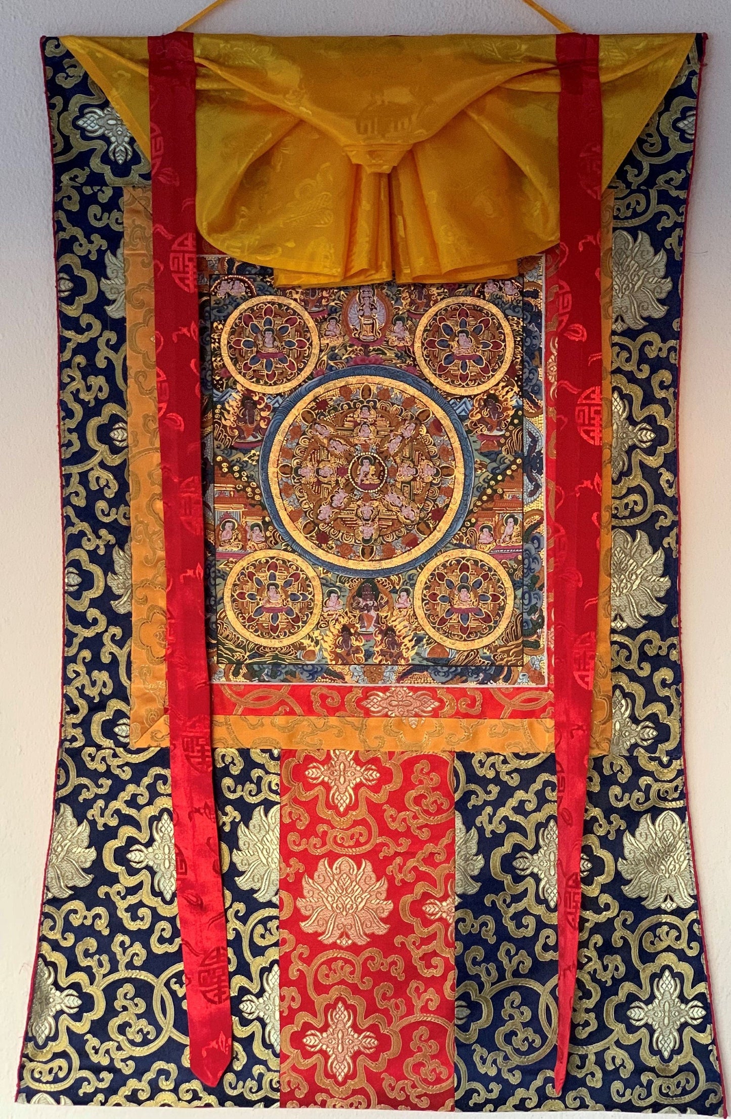 Handmade Pancha Buddha Thangka Painting | Wheel of Life Mandala Art