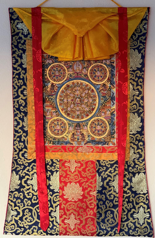 Handmade Pancha Buddha Thangka Painting | Wheel of Life Mandala Art