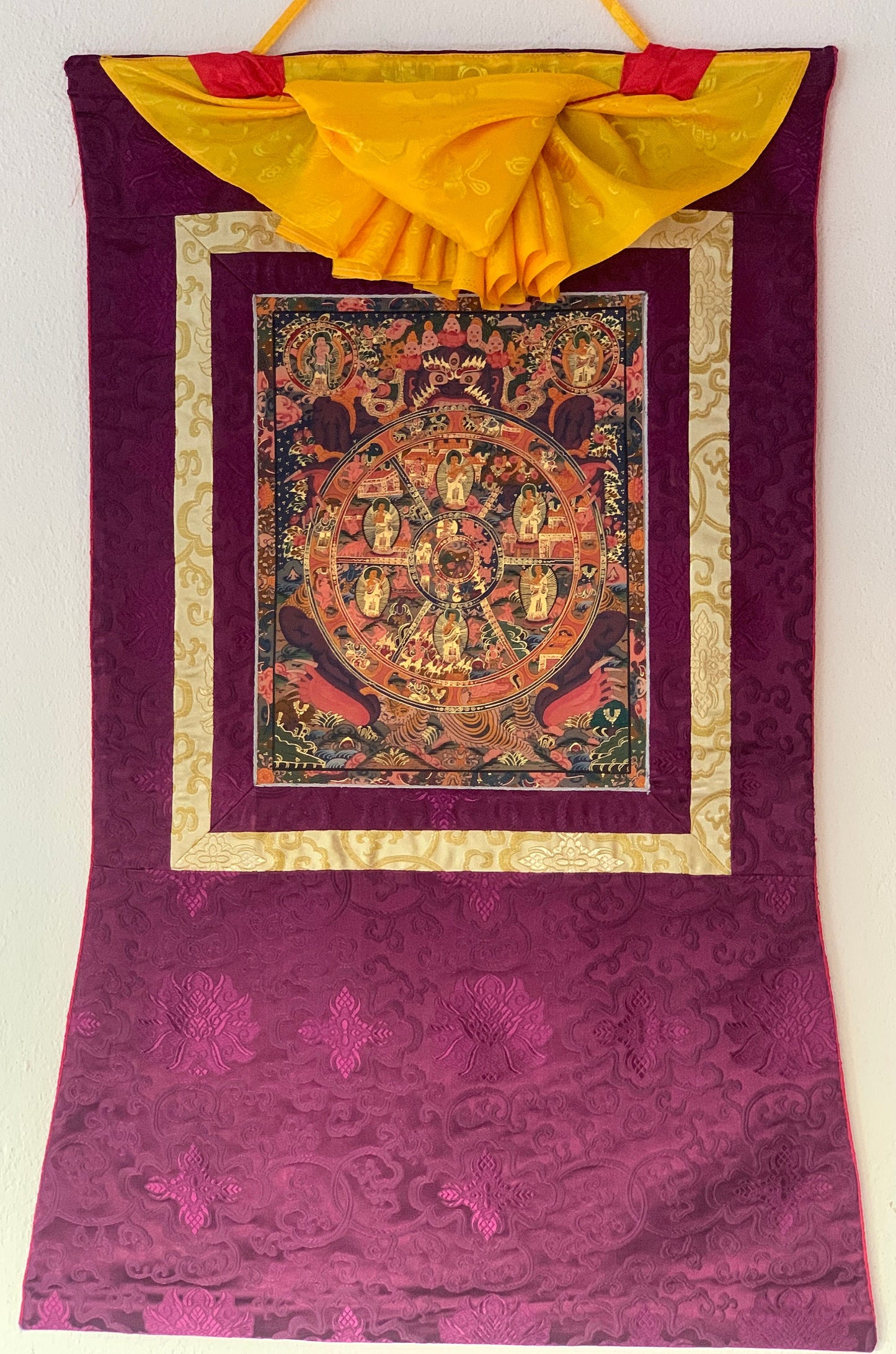 Wheel of Life Thangka Painting | Samsara Bhavachakra Mandala Art, Silk Brocade